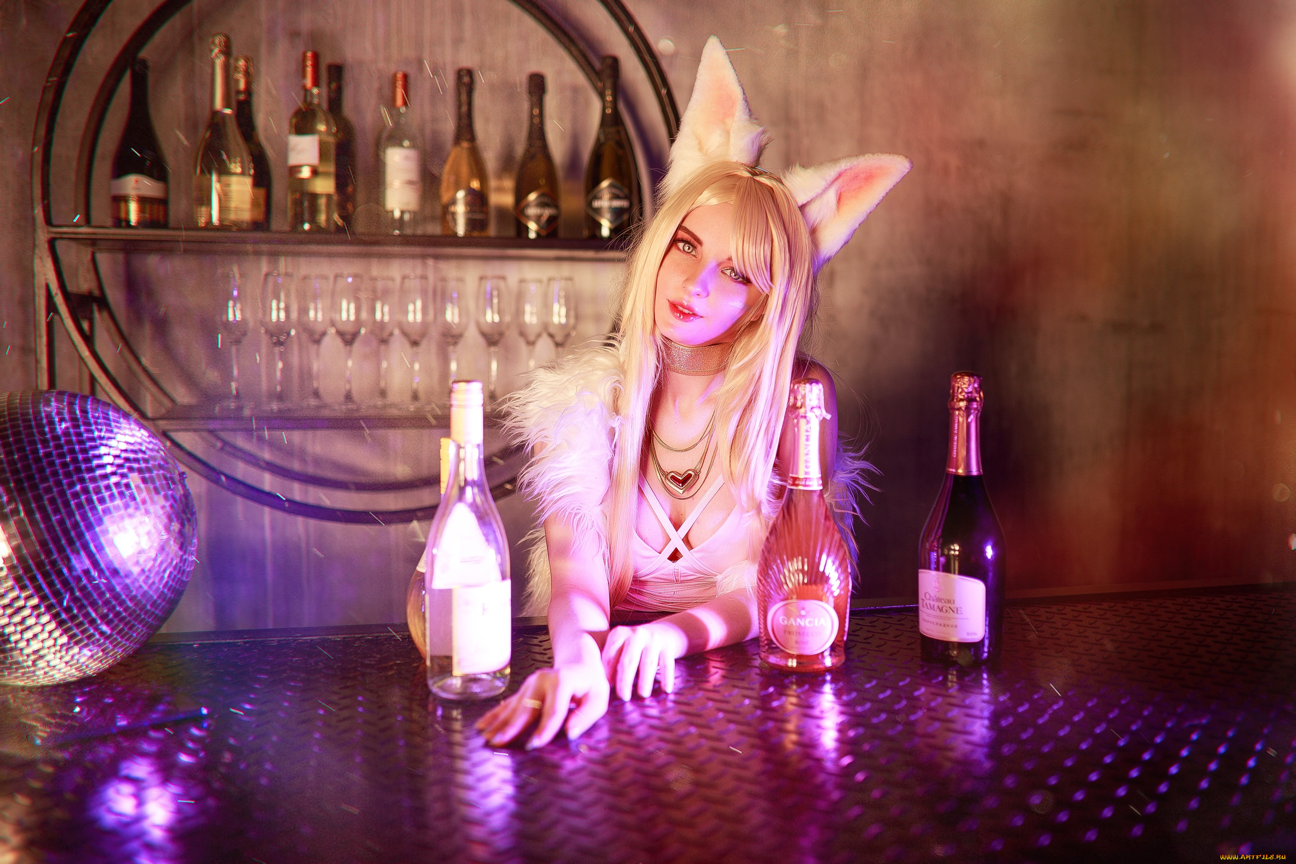 девушки, kirdjava, ари, костюм, уши, бутылки, стол, шар