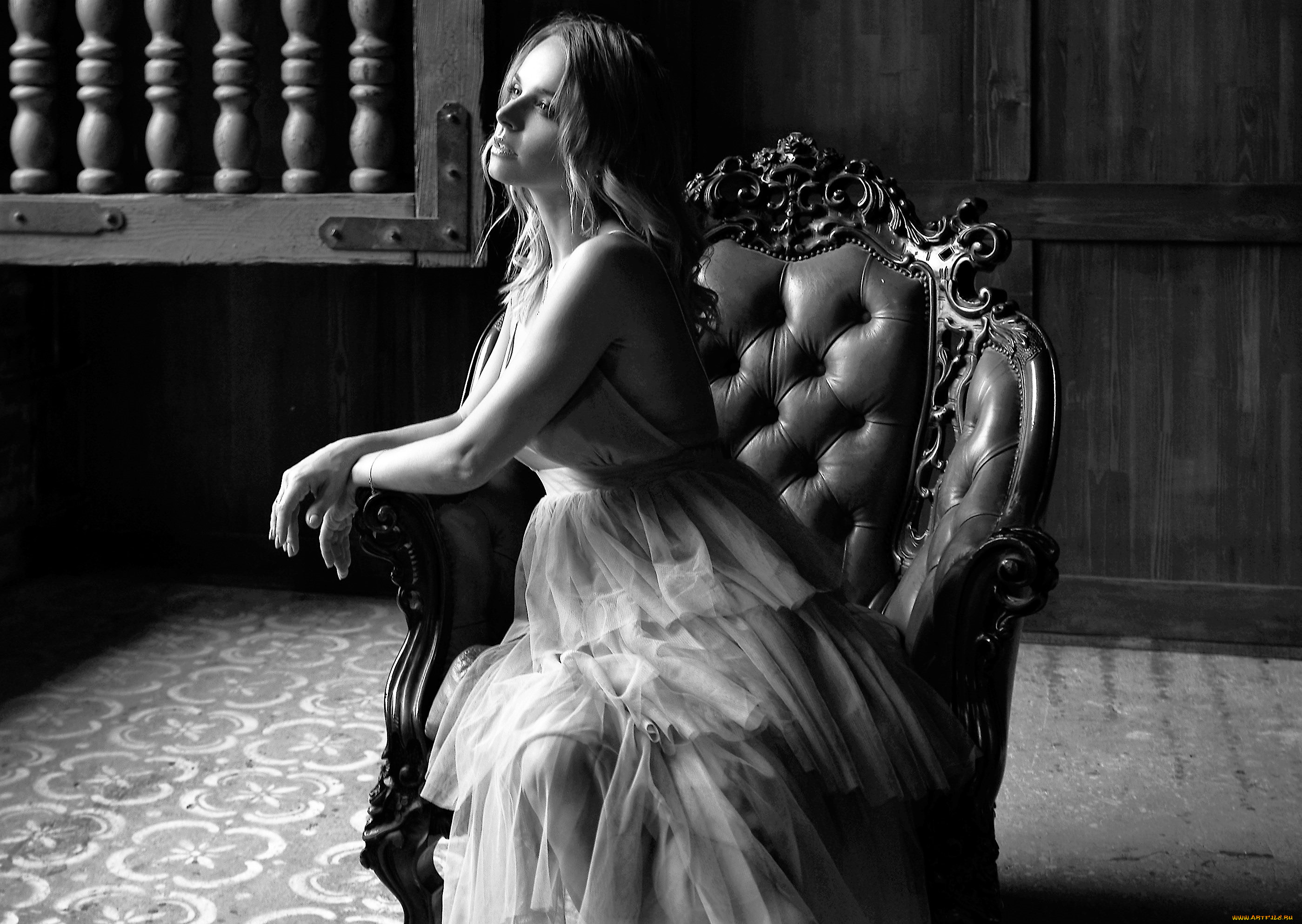 девушки, -, черно-белые, блондинка, платье, кресло