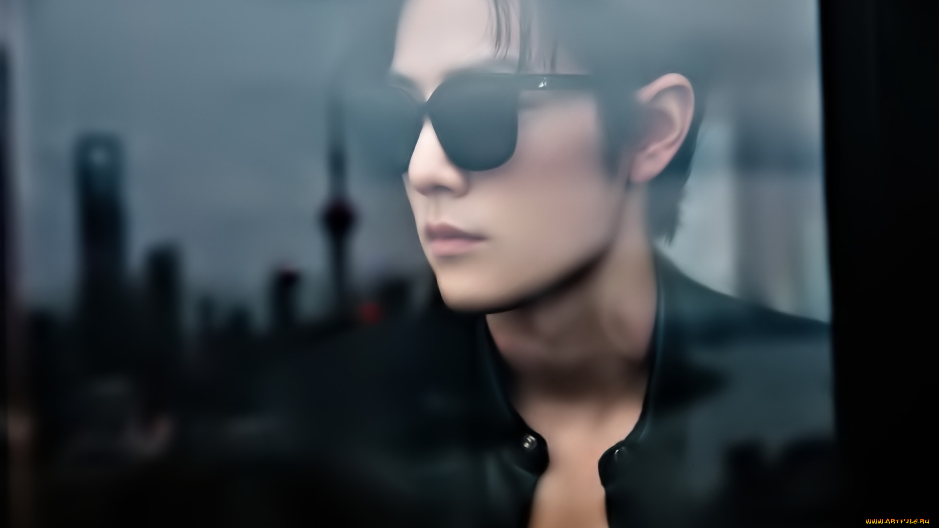 мужчины, xiao, zhan, лицо, очки, стекло, окно