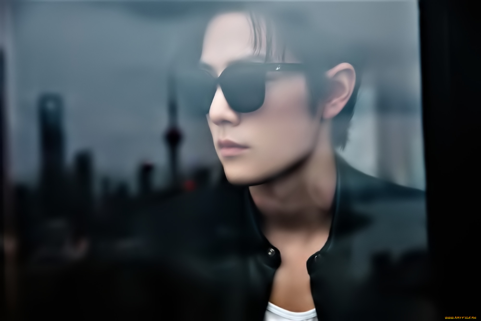 мужчины, xiao, zhan, лицо, очки, стекло, окно