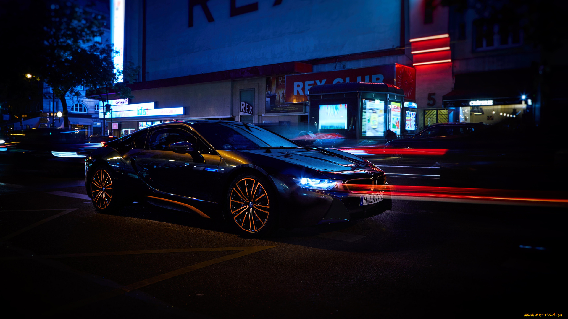 bmw, i8, автомобили, bmw, черный, свет, неон, город, здания, улица