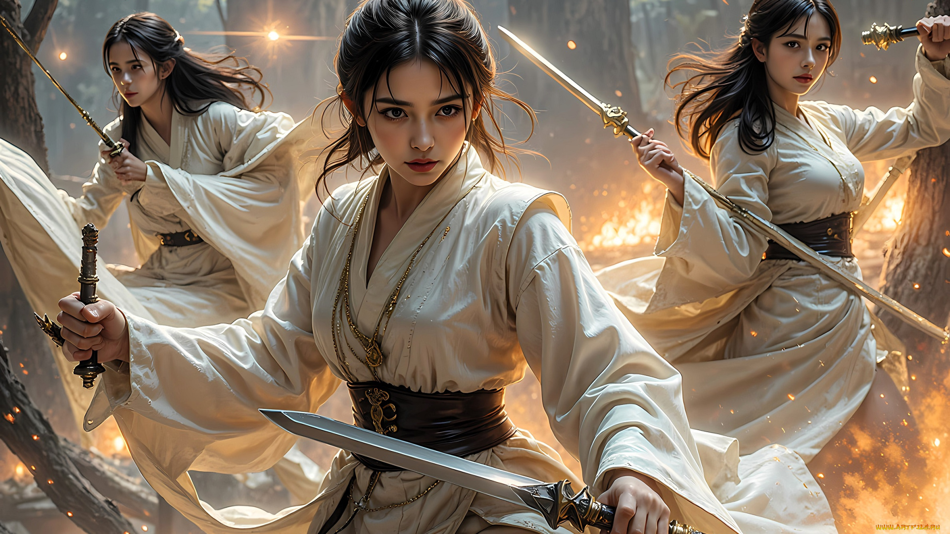 фэнтези, девушки, воительницы, оружие, лес