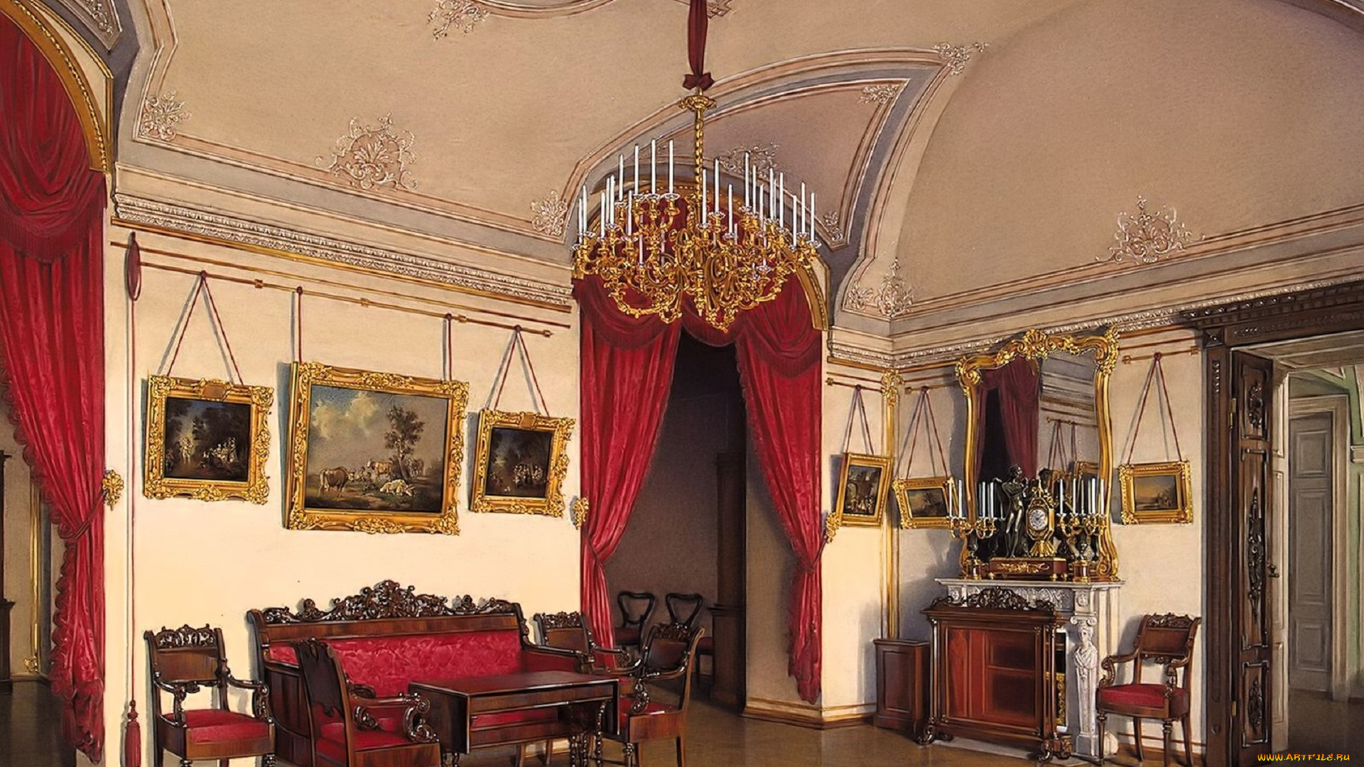 рисованное, эдуард, гау, дворец, комната, гостиная, люстра, стол, стулья, диван