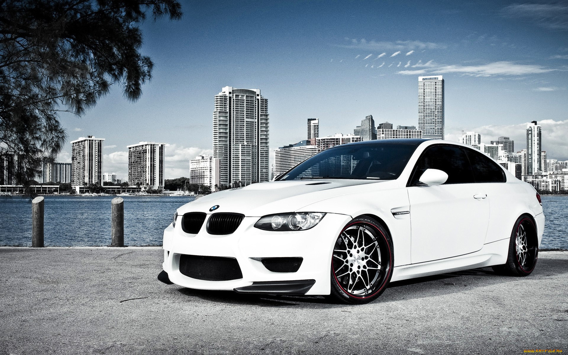 bmw, m3, автомобили, bmw, белый, ветки, город, дома, река, набережная