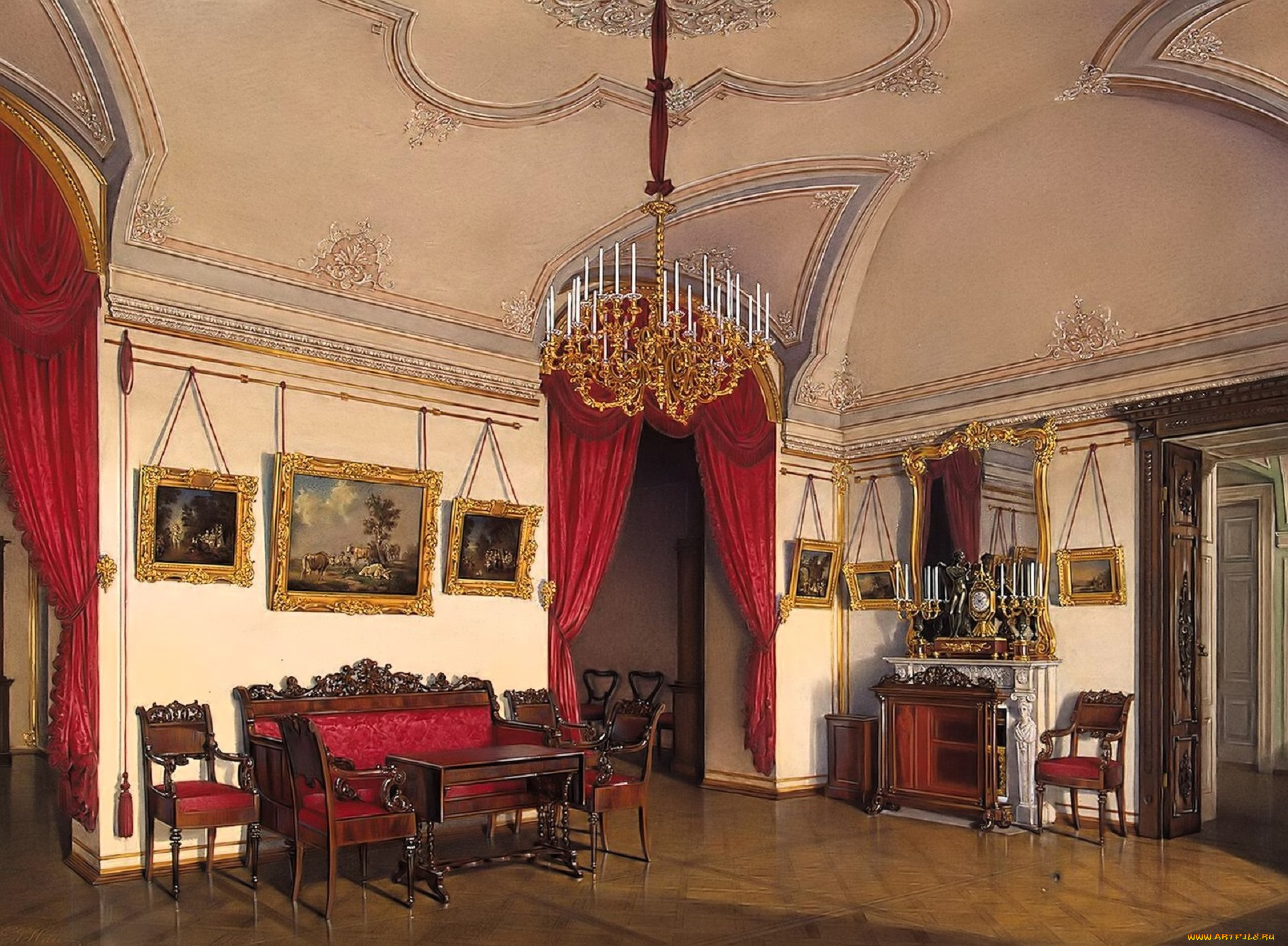 рисованное, эдуард, гау, дворец, комната, гостиная, люстра, стол, стулья, диван