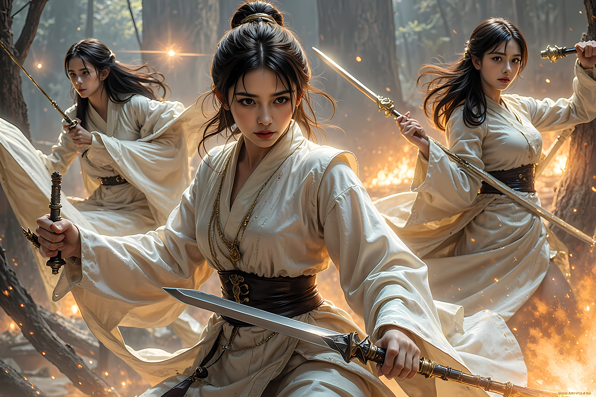 фэнтези, девушки, воительницы, оружие, лес