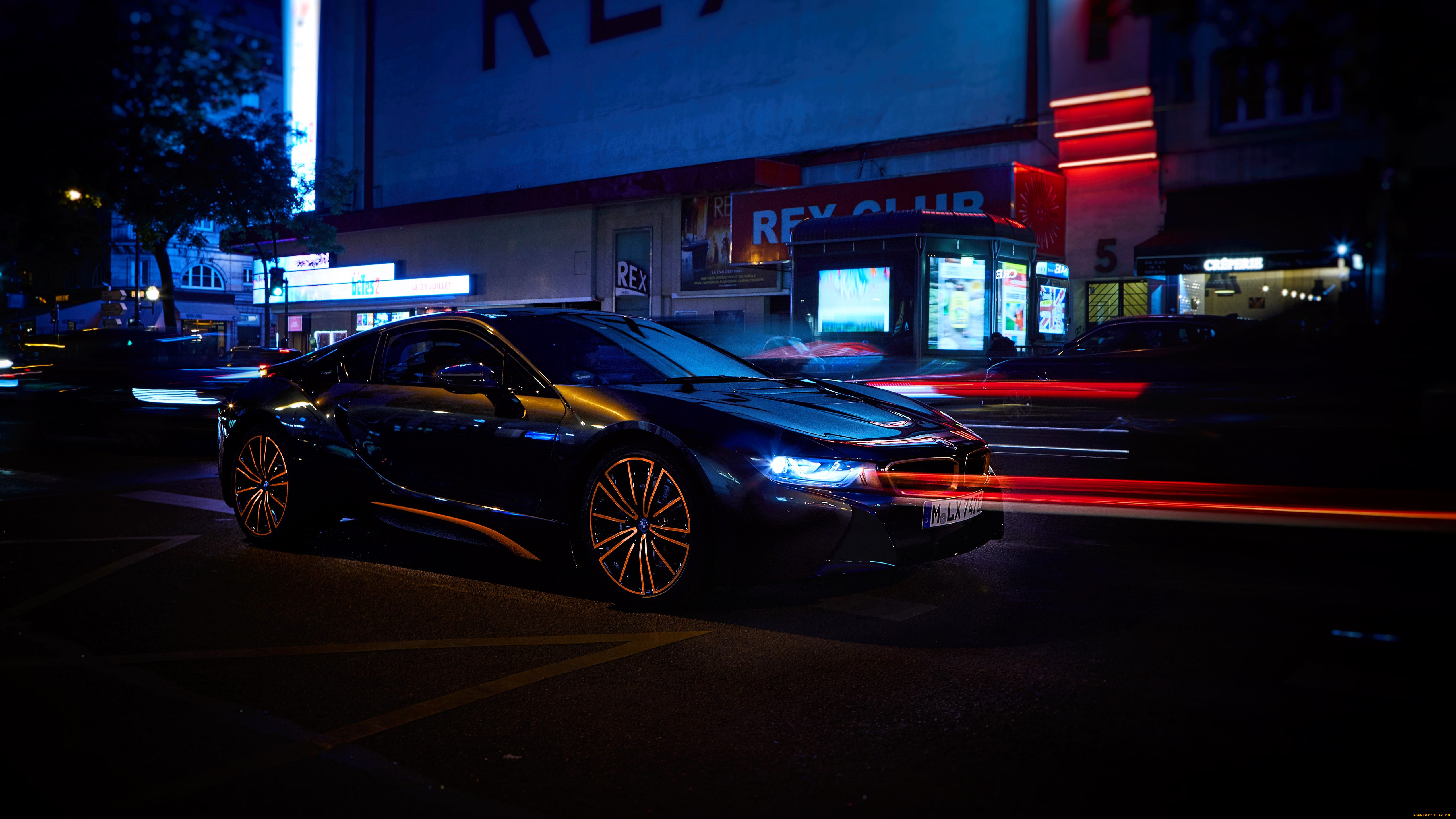 bmw, i8, автомобили, bmw, черный, свет, неон, город, здания, улица