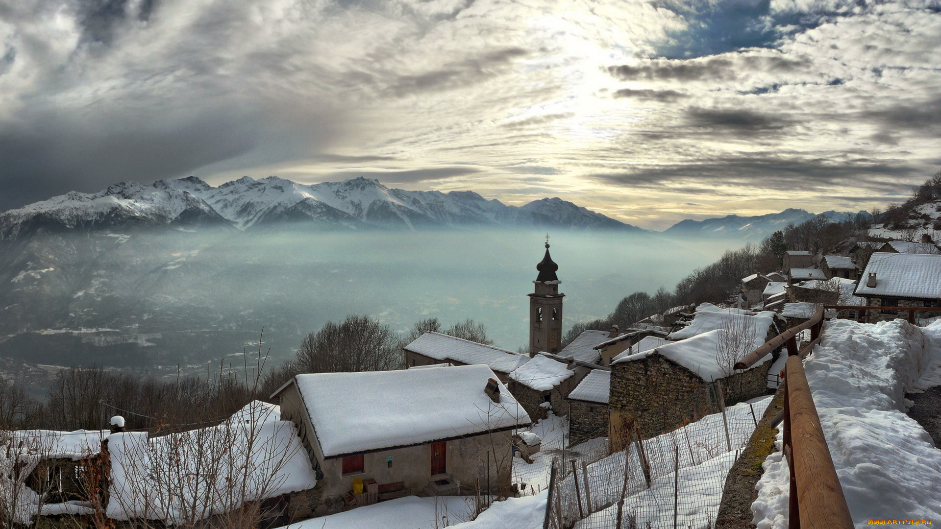 города, пейзажи, дома, зима, горы, снег, здания