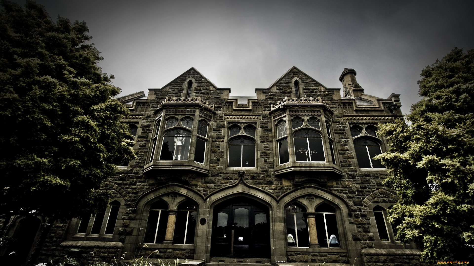 города, здания, дома, тёмный, деревья, фон, облака, дом