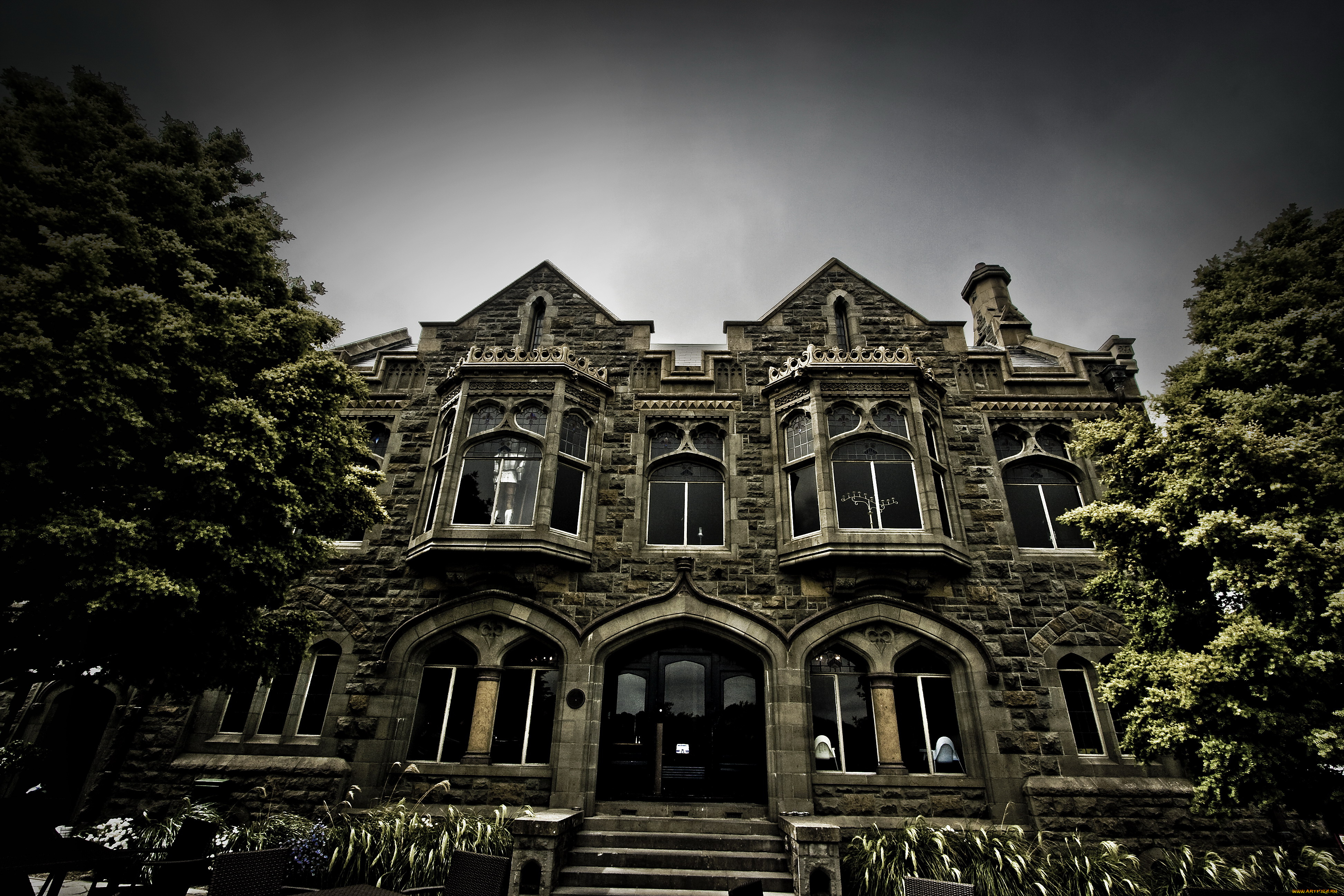 города, здания, дома, тёмный, деревья, фон, облака, дом