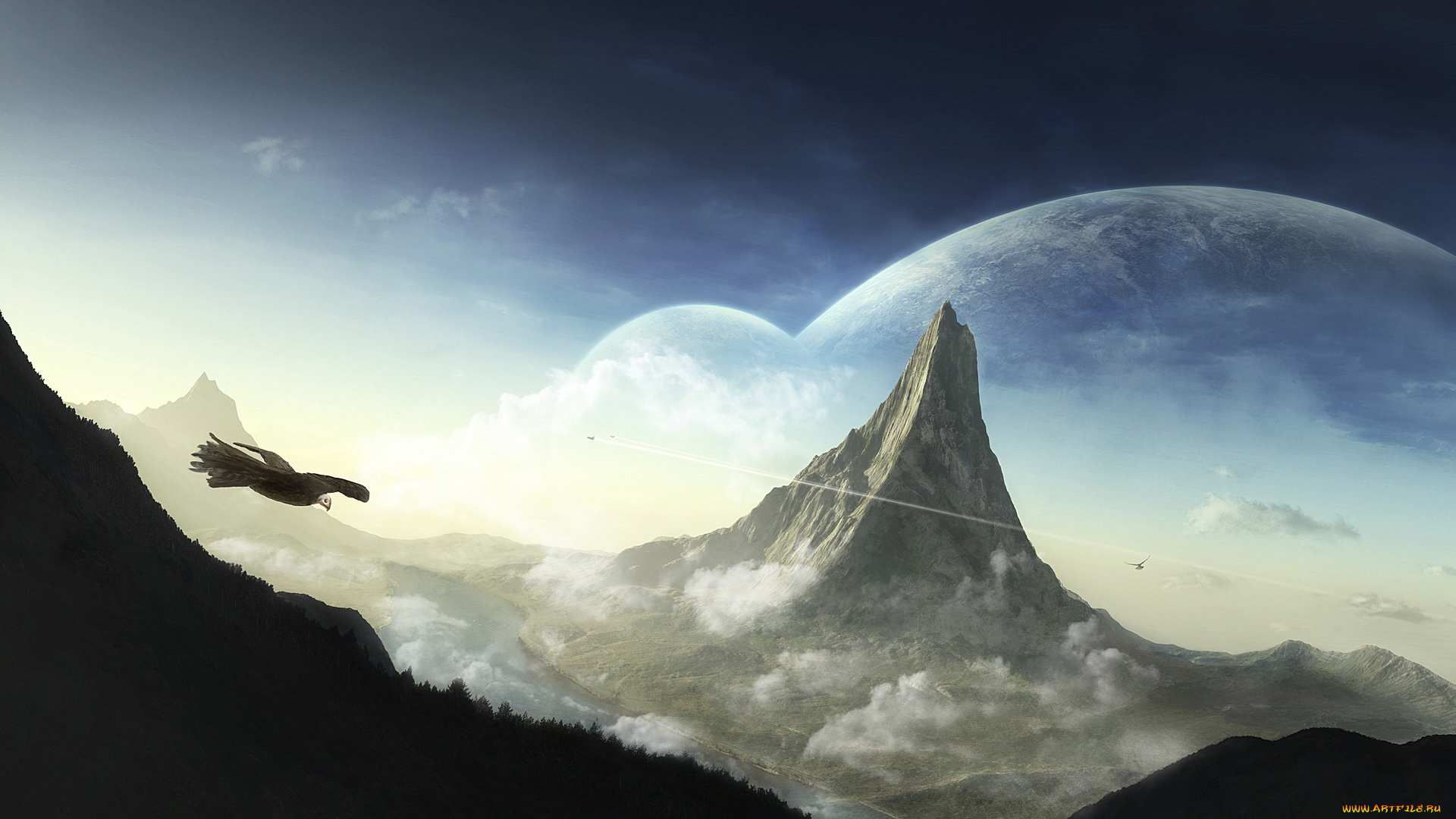 3д, графика, fantasy, фантазия, горы, орел, планеты