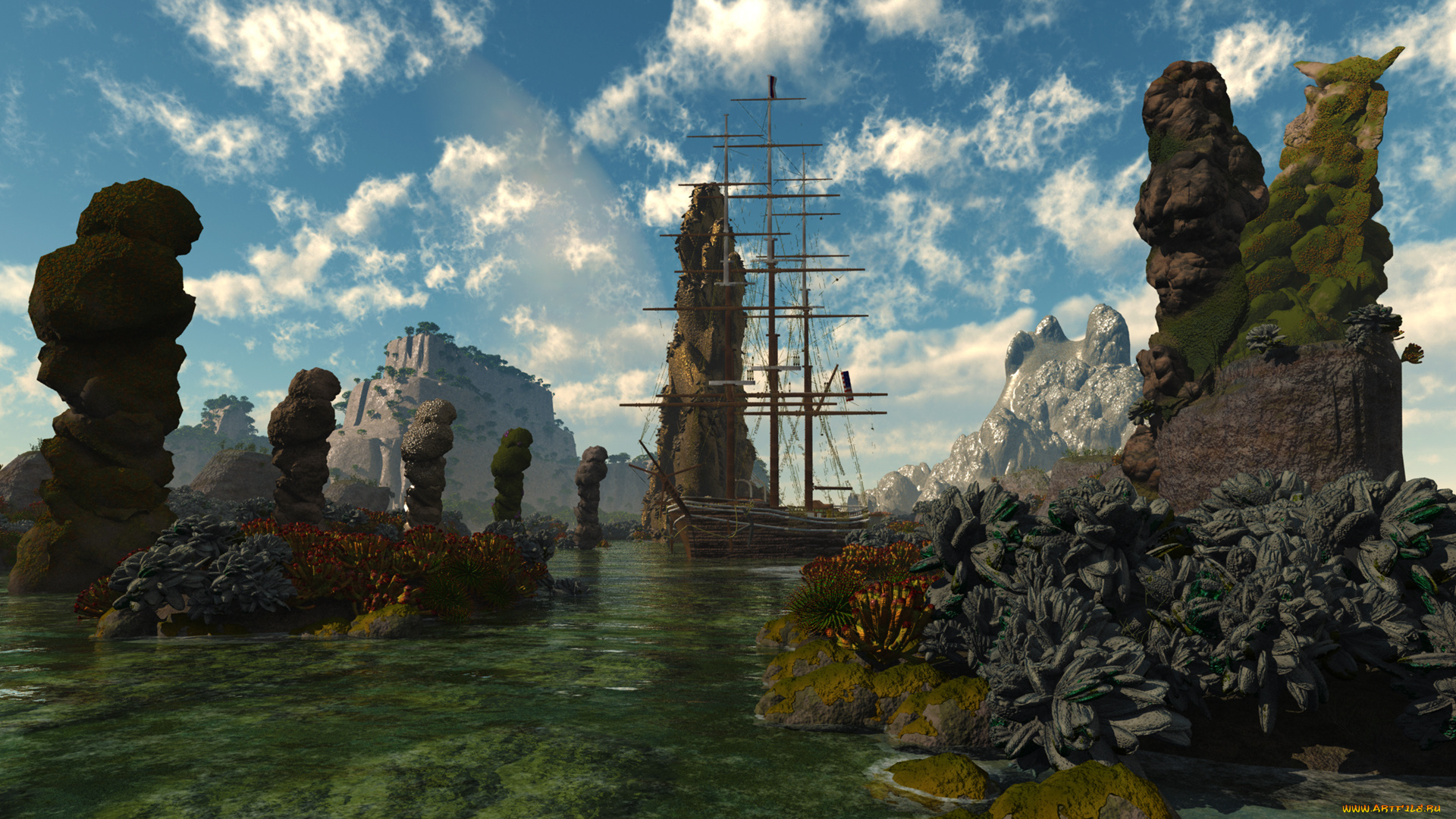 3д, графика, fantasy, фантазия, парусник, скалы, море, облака