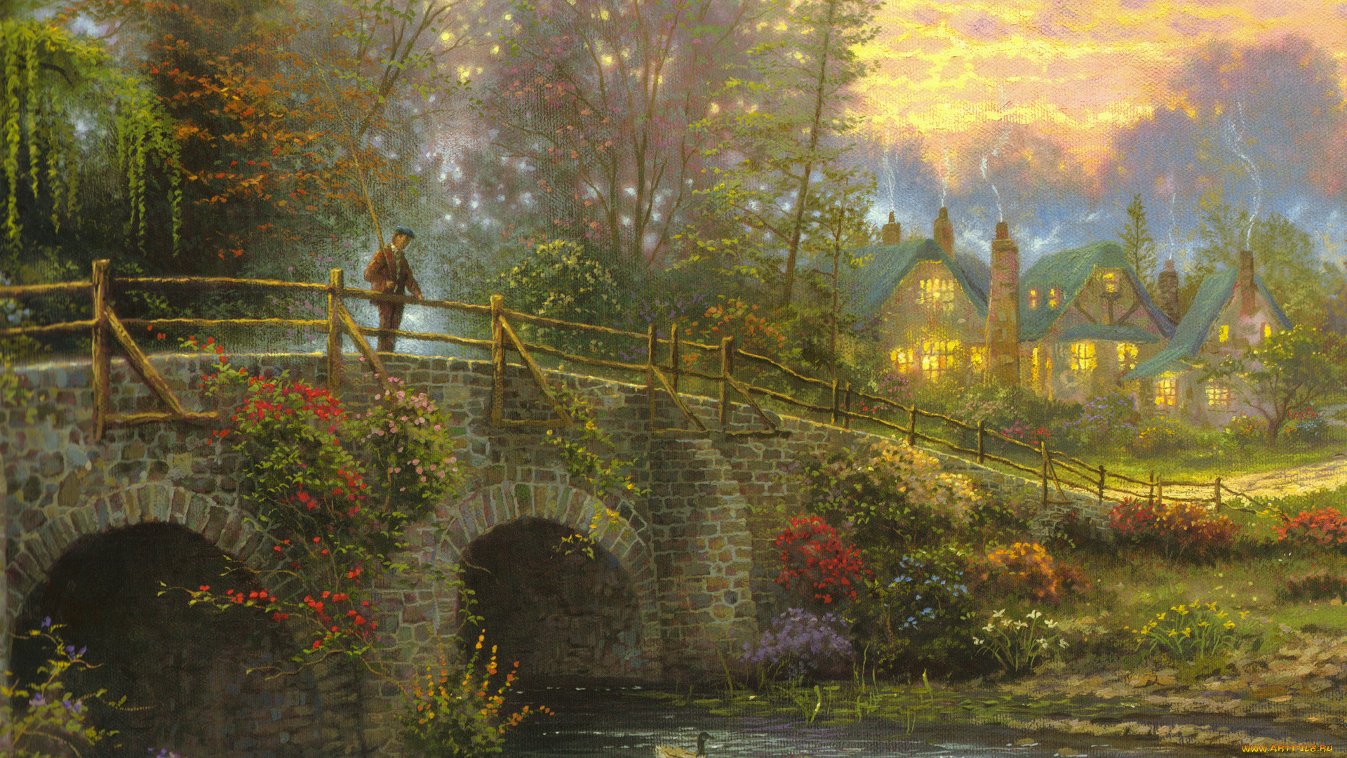 cobblestone, evening, рисованные, thomas, kinkade, река, мост, рыбак