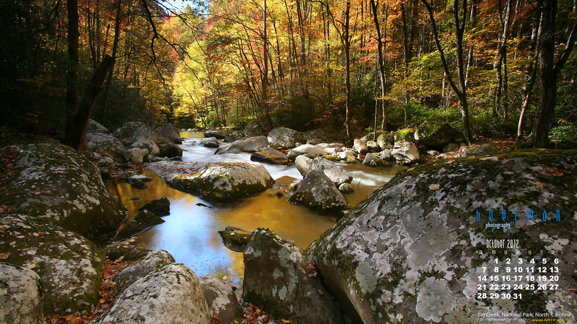 календари, природа, осень, река, камни