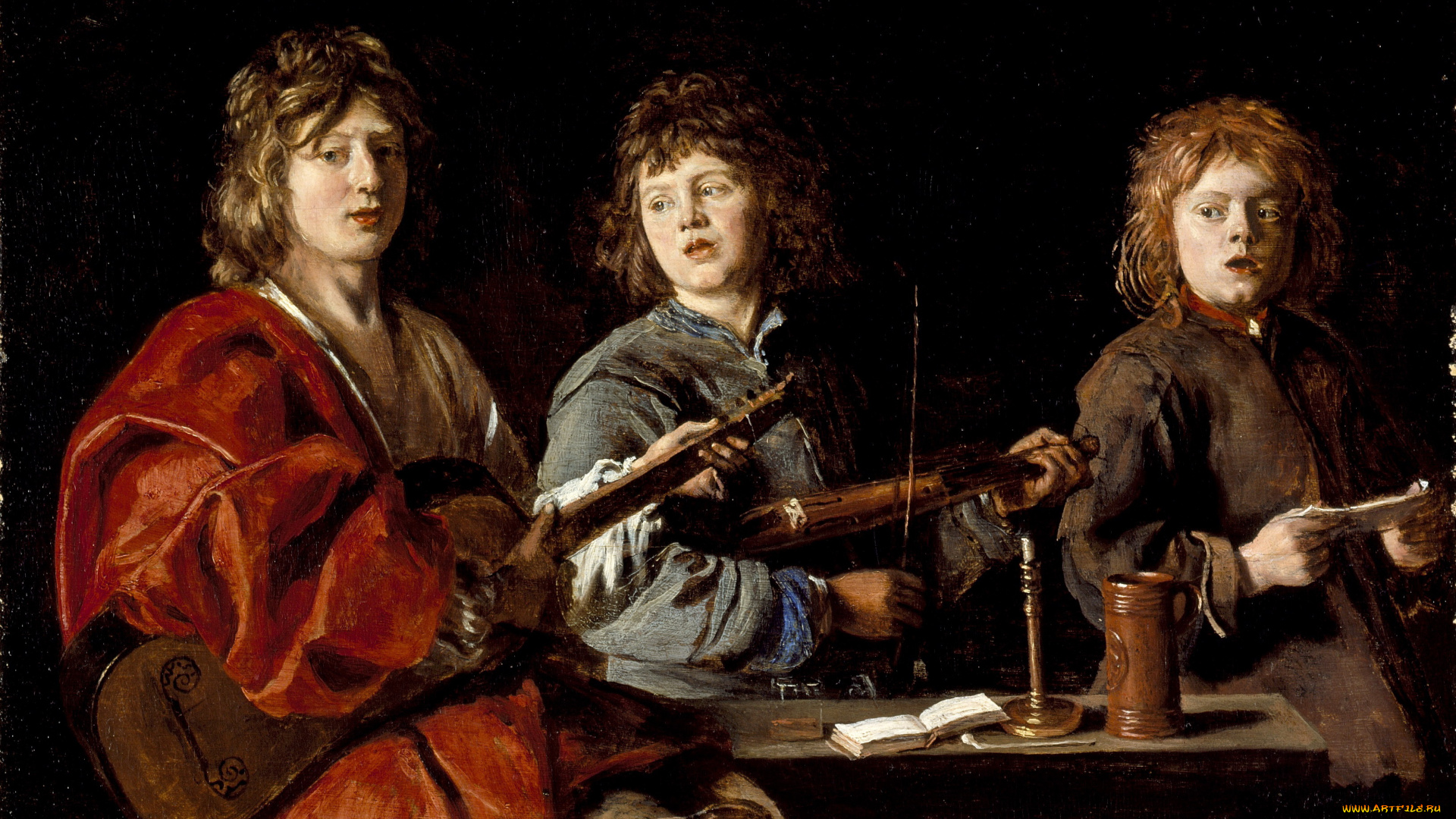 рисованные, antoine, le, nain, three, young, musicians