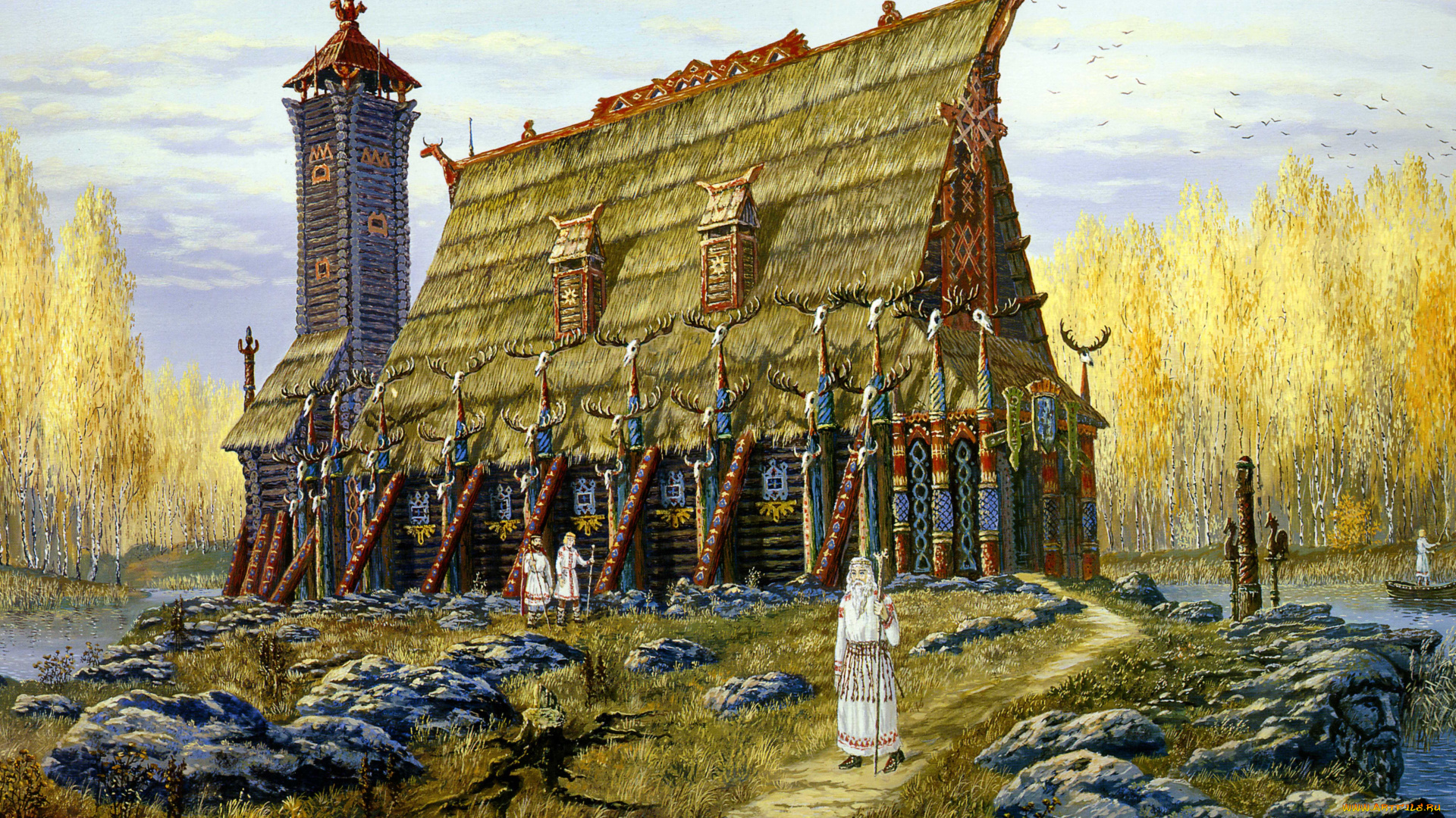 рисованные, всеволод, иванов, река, дом, старик