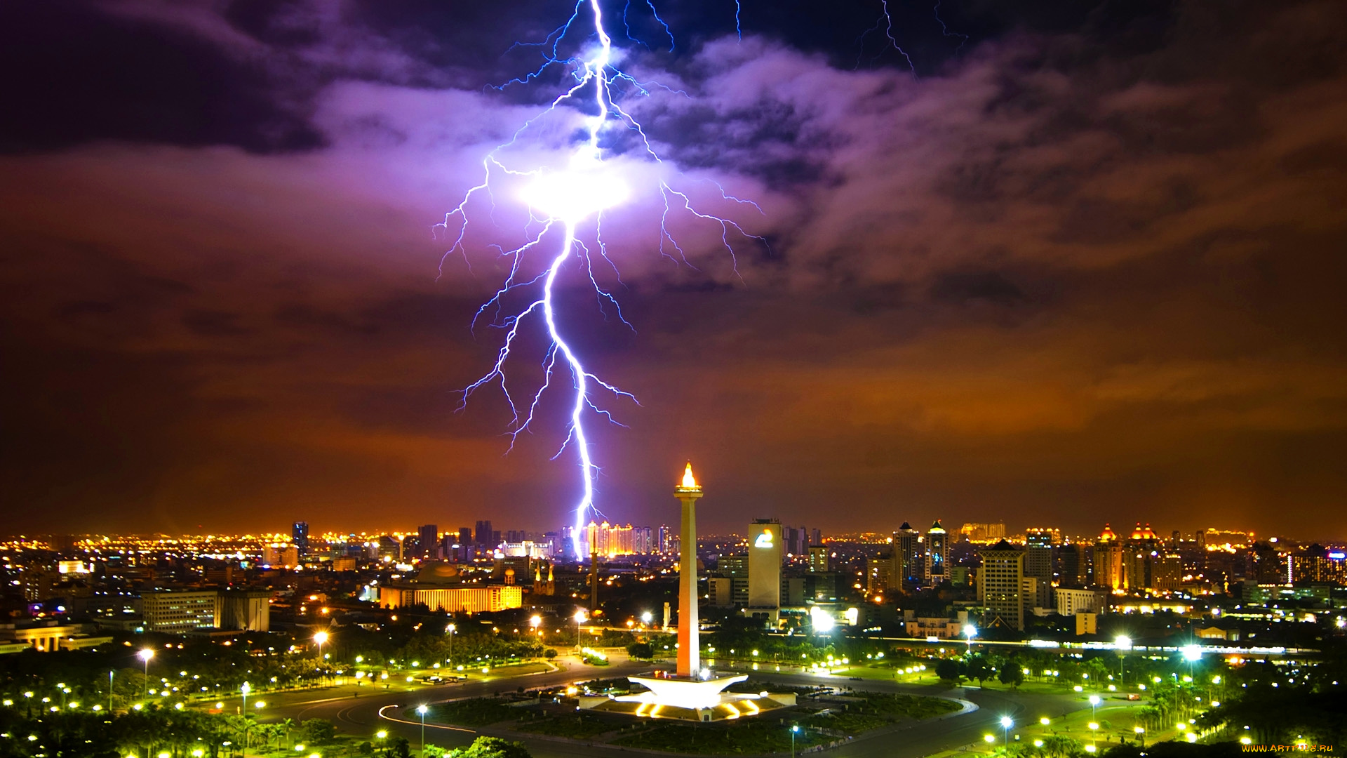 the, lightning, города, столицы, государств, молния, шторм, город, огни, тучи, ночь
