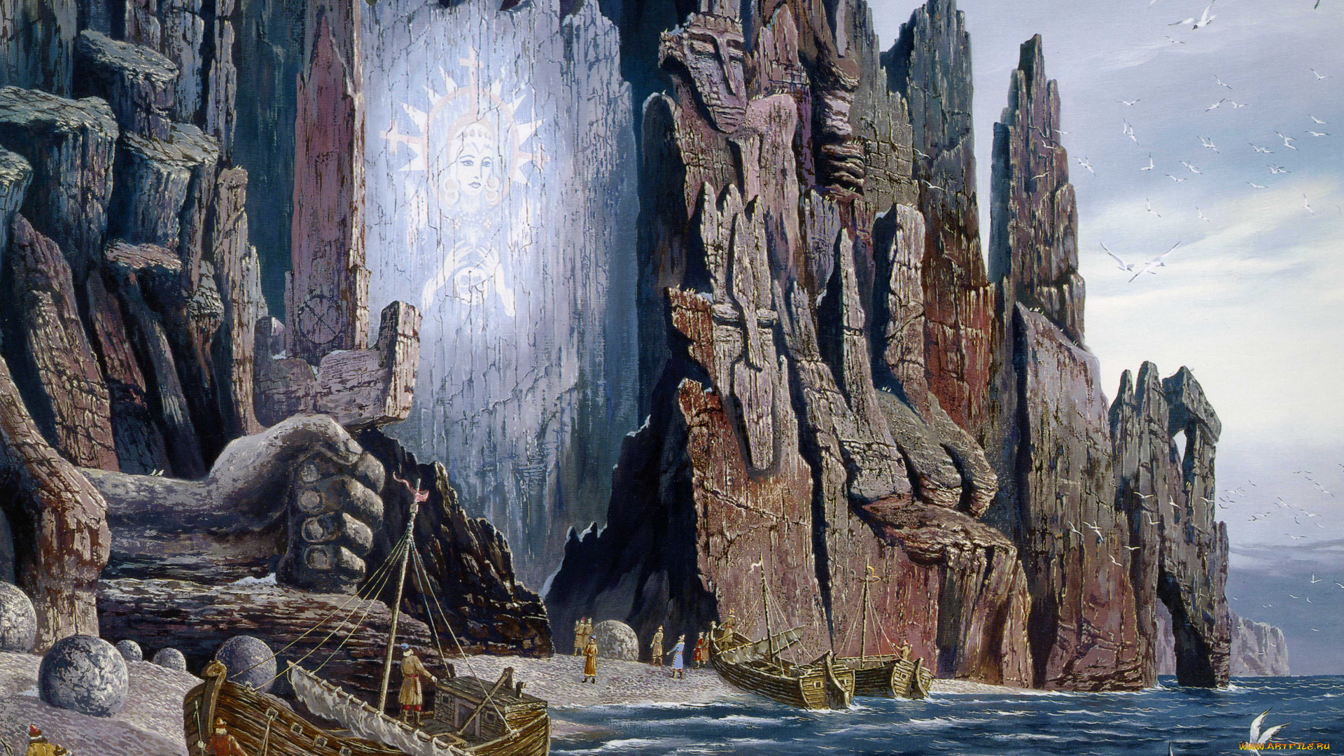 видение, поморам, богини, гипербореи, рисованные, всеволод, иванов, рисунок, лодки, море, скала, чайки