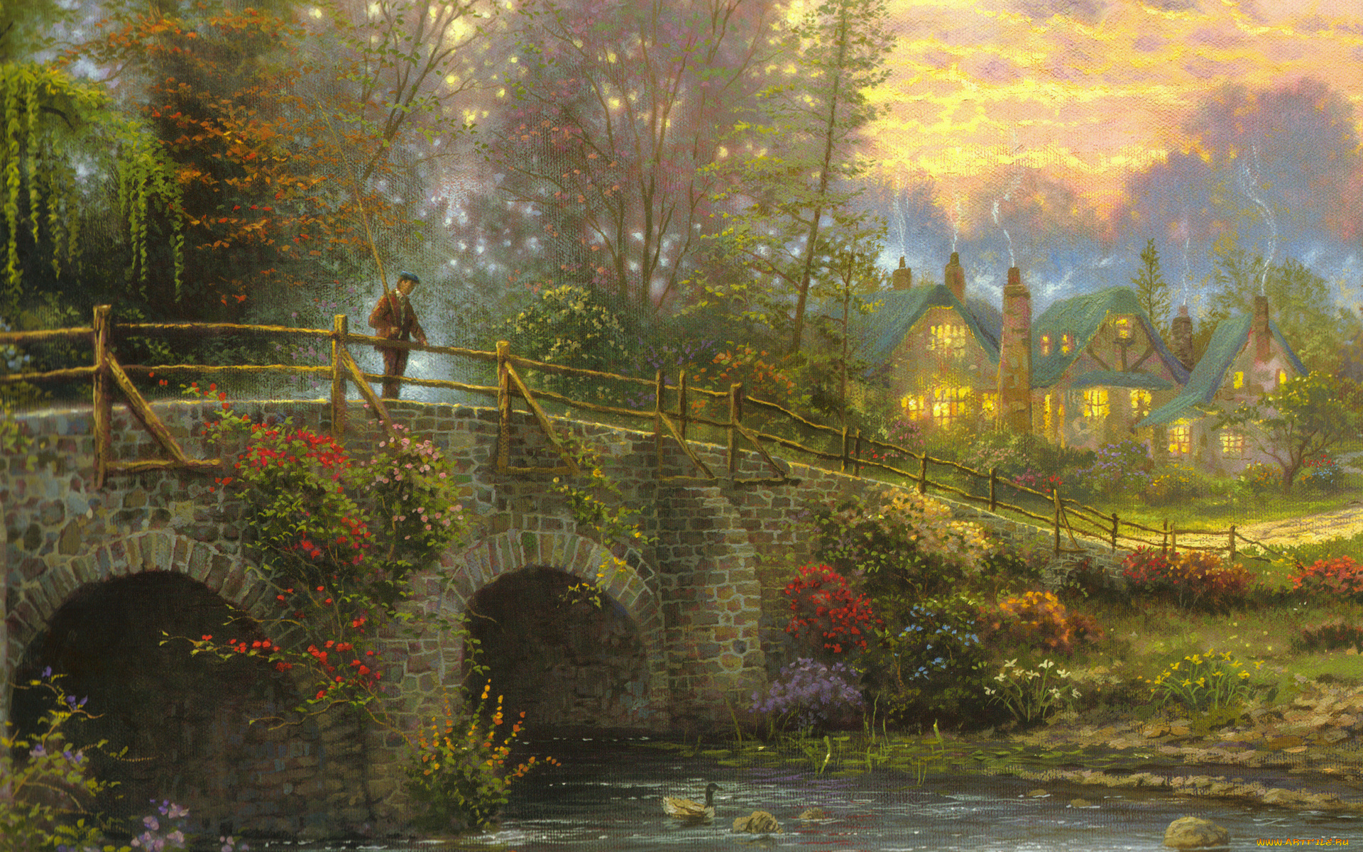 cobblestone, evening, рисованные, thomas, kinkade, река, мост, рыбак