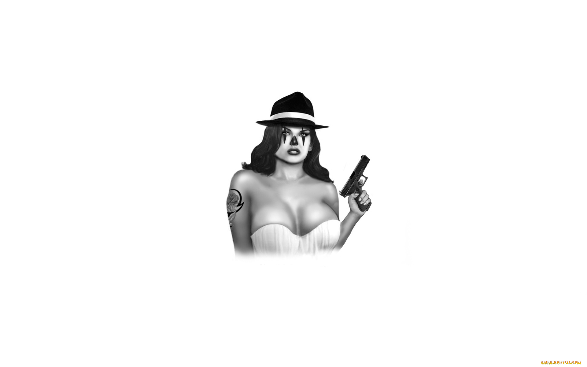девушка, оружием, рисованные, люди, пистолет, пушка, шляпа, белый, фон, тату, роза