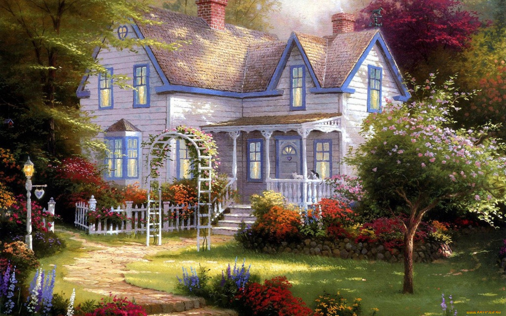 home, is, where, the, heart, рисованные, thomas, kinkade, лето, дом, коттедж