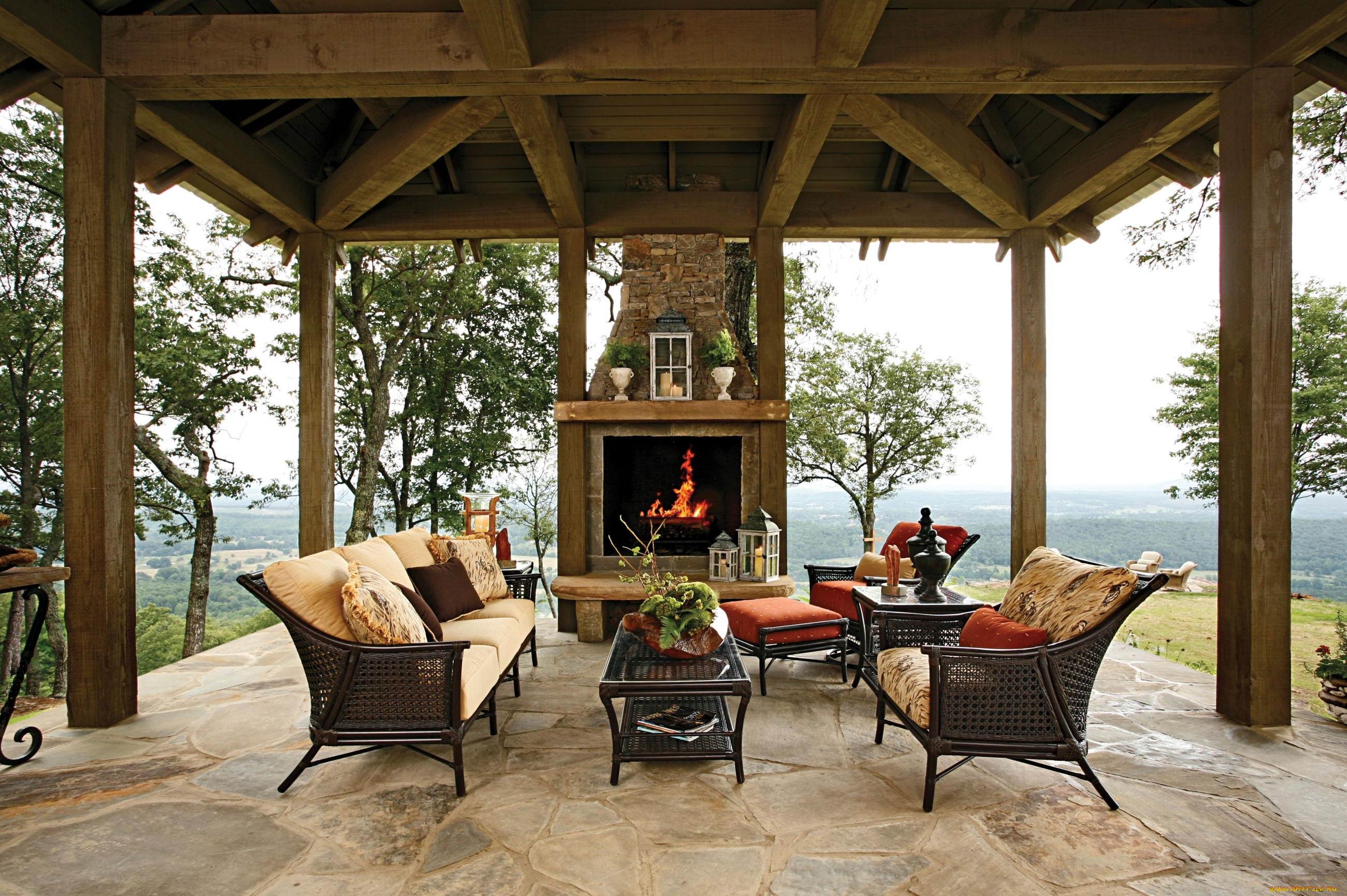 интерьер, веранды, террасы, балконы, столик, диваны, камин