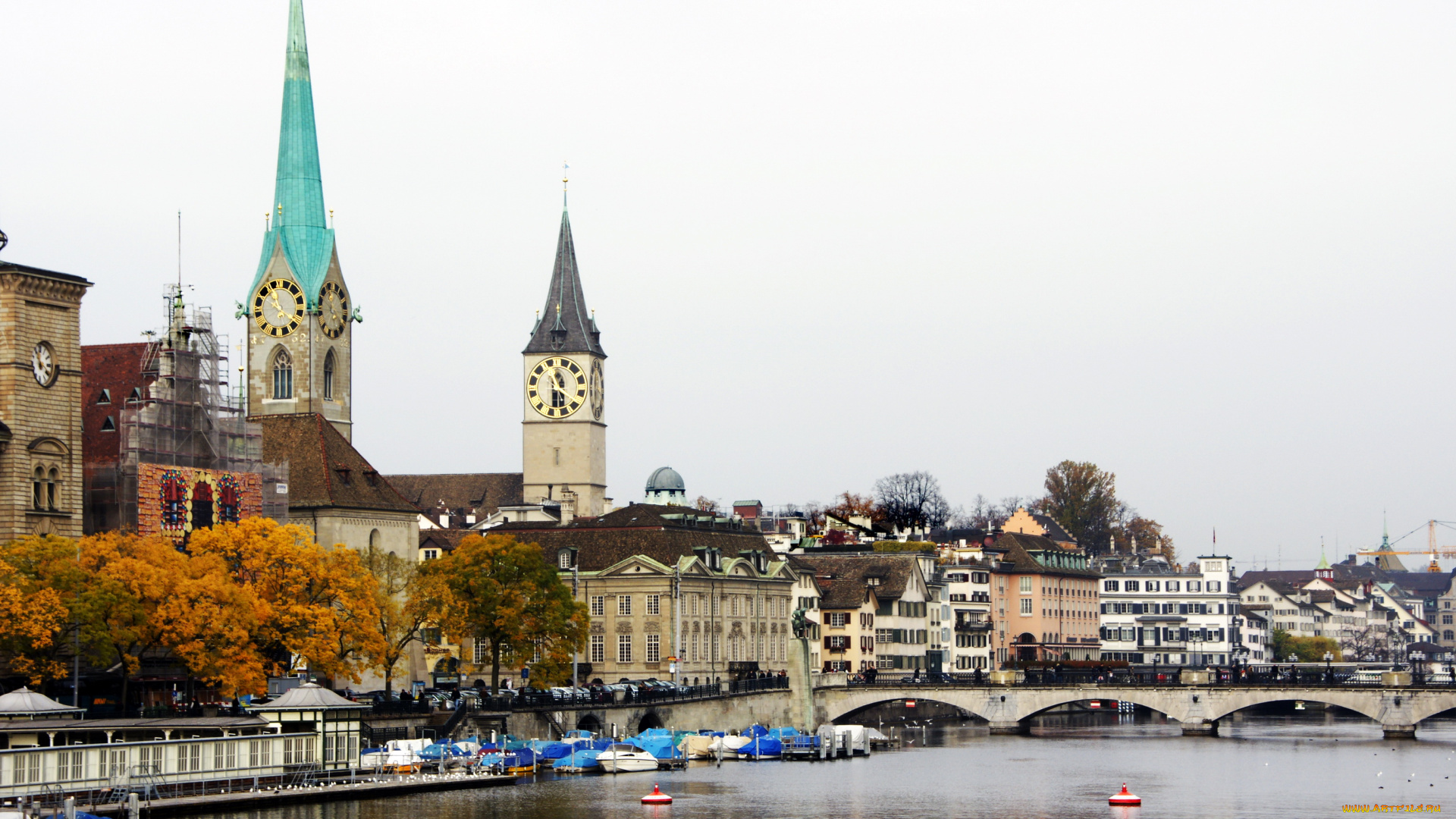 города, цюрих, швейцария, мост, дома, река