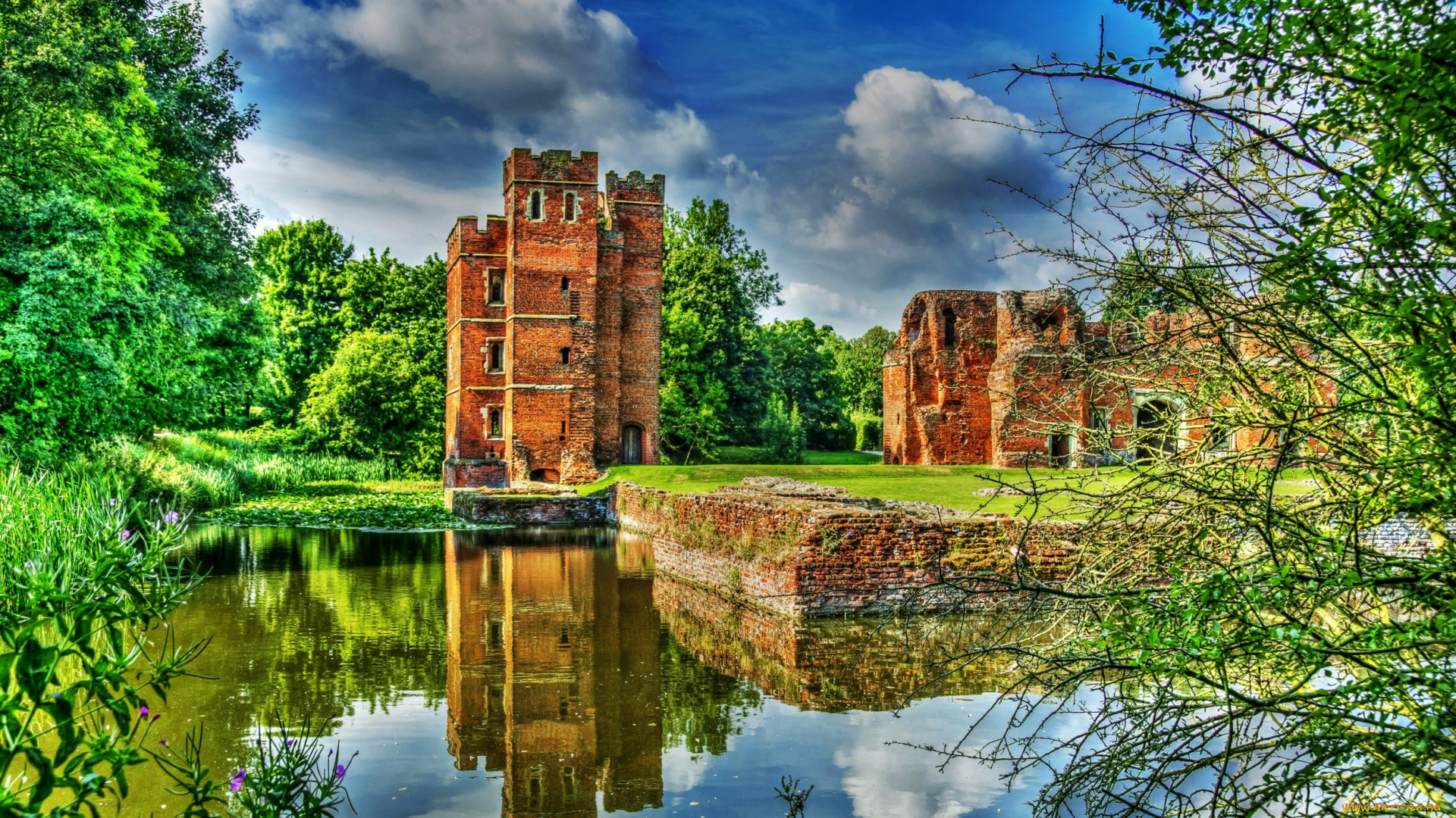 kirby, muxloe, castle, города, дворцы, замки, крепости, замок, зелень, озеро, лес