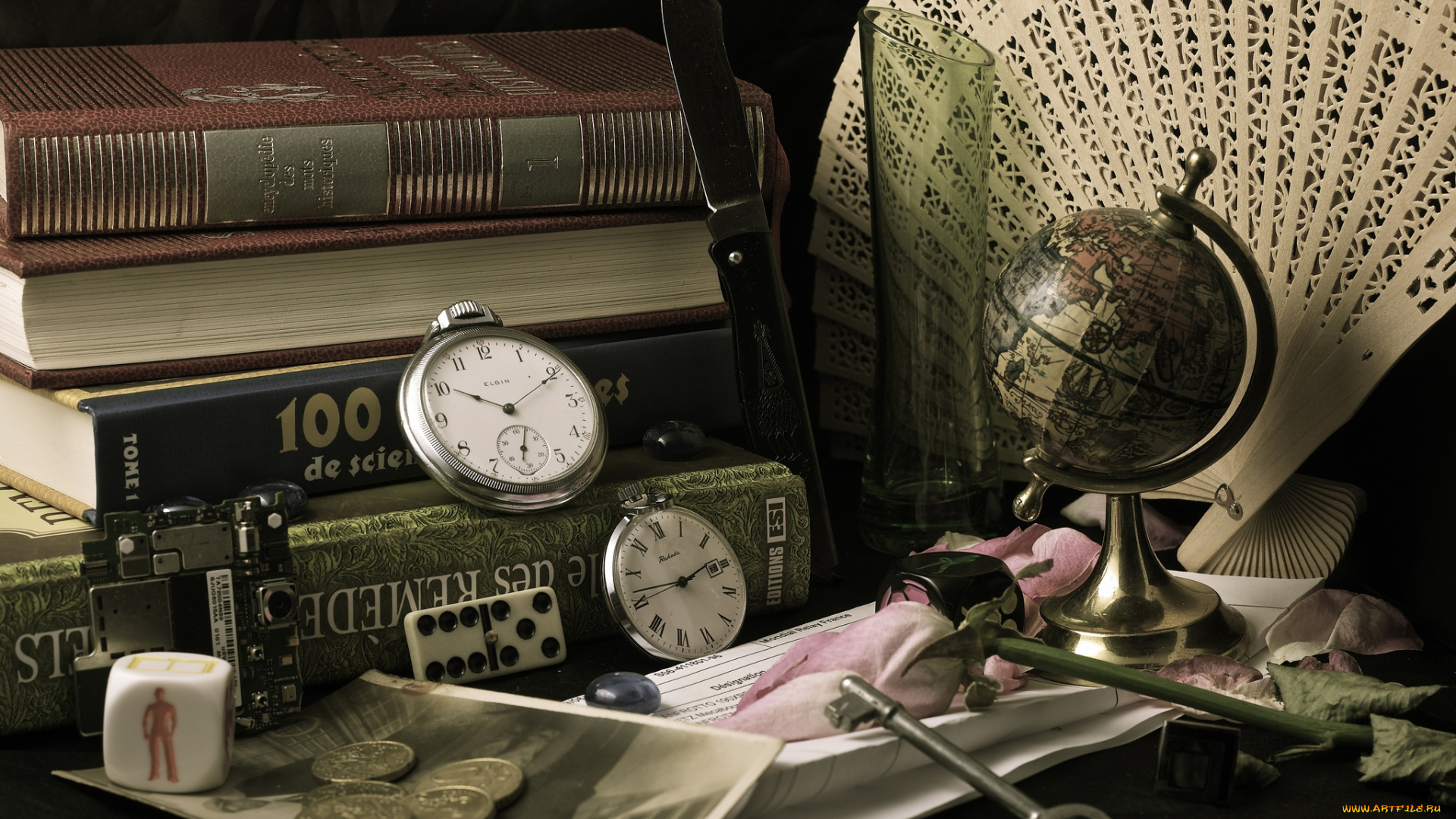 разное, Часы, часовые, механизмы, книги, ключ, веер, монеты, часы