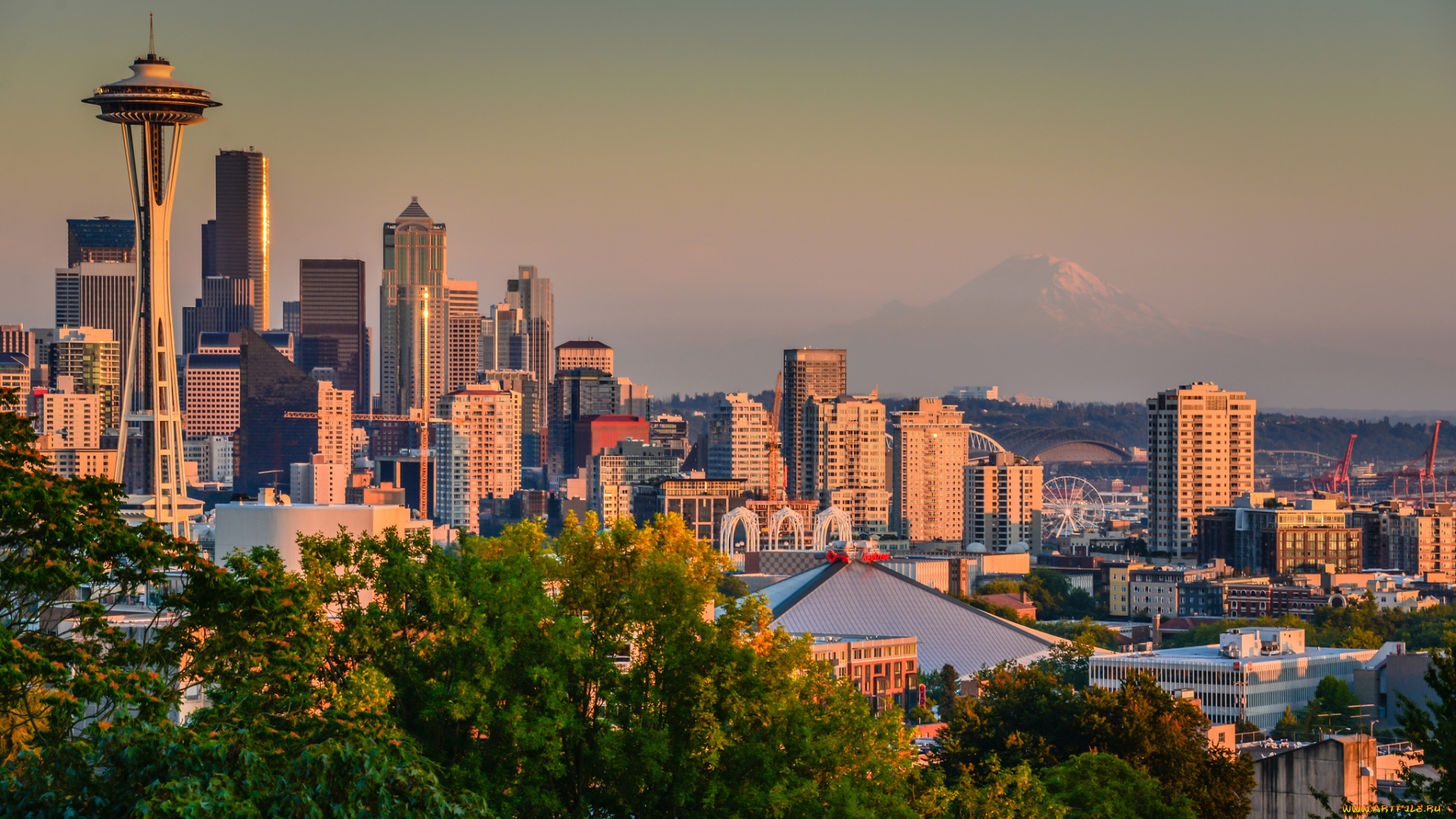 seattle, washington, города, сиэтл, сша, гора, рейнир, mount, rainier, панорама, здания, штат, вашингтон