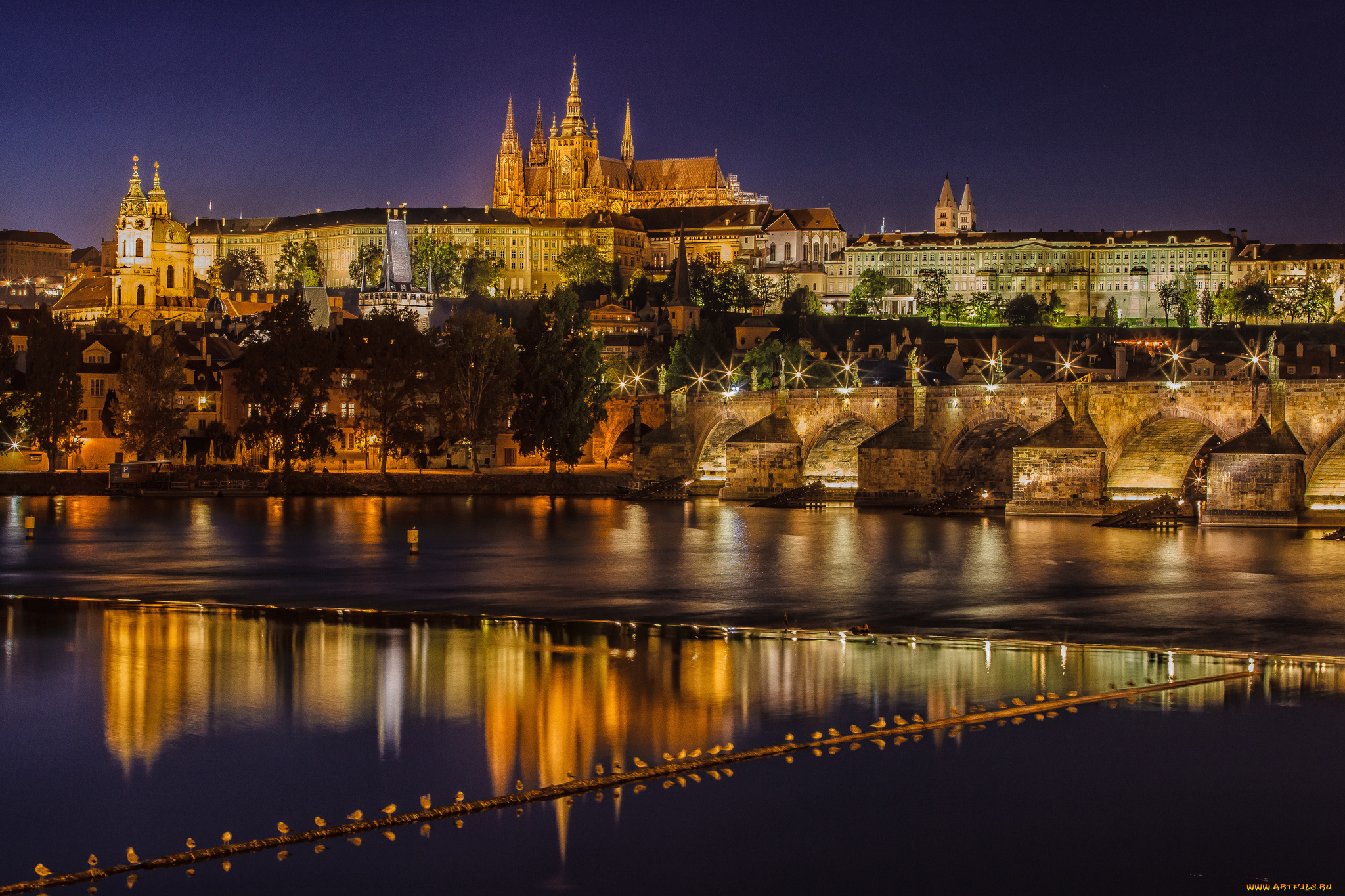 prague, czech, republic, города, прага, Чехия, ночной, город, vltava, river, карлов, мост, река, влтава, charles, bridge