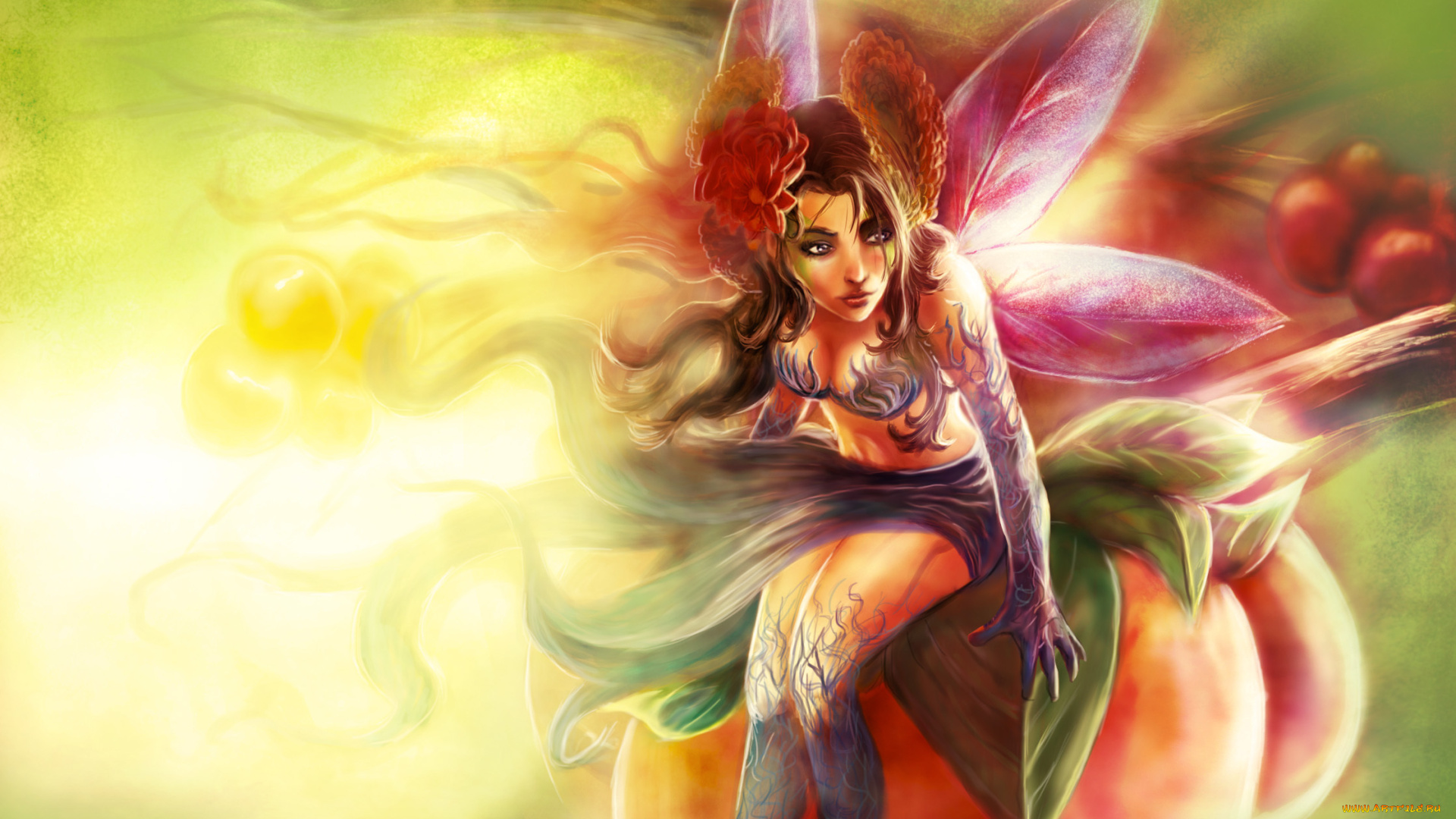 фэнтези, феи, цветок, крылья, фея, сидит, девушка, арт, art