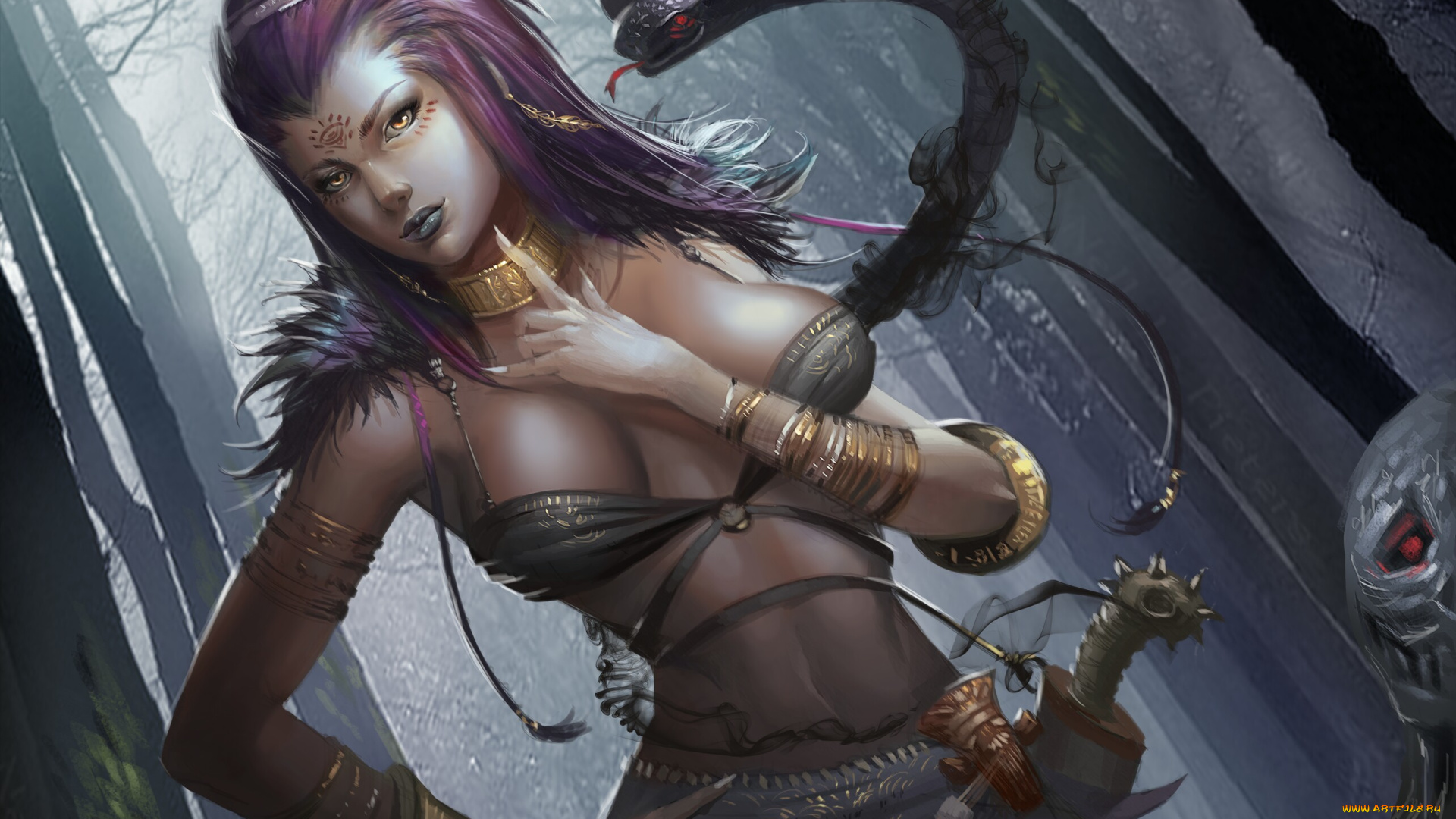 фэнтези, красавицы, и, чудовища, туман, жеревья, змея, взгляд, девушка