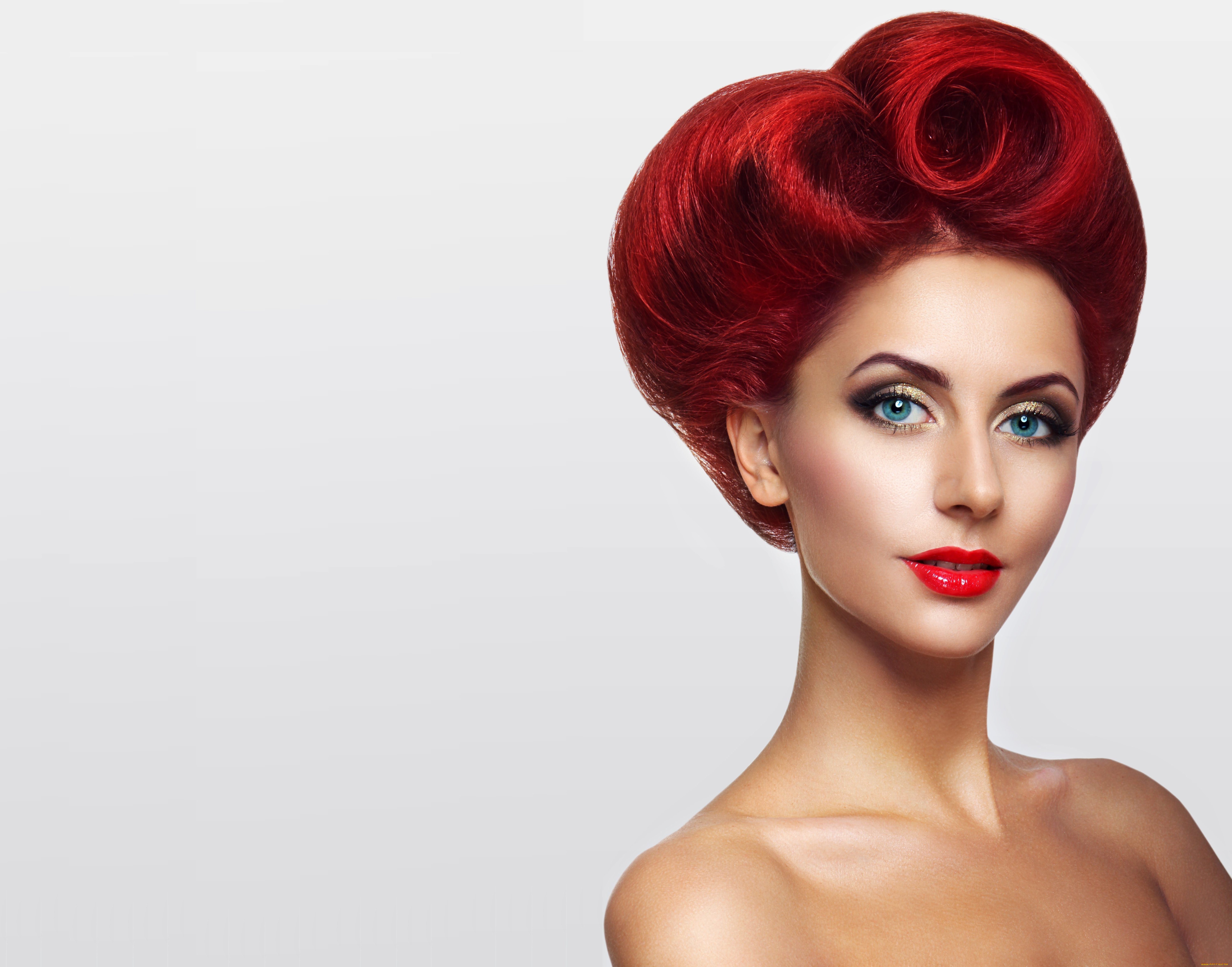 девушки, -unsort, , лица, , портреты, плечи, модель, фон, губы, ресницы, девушка, взгляд, макияж, прическа, красные, волосы