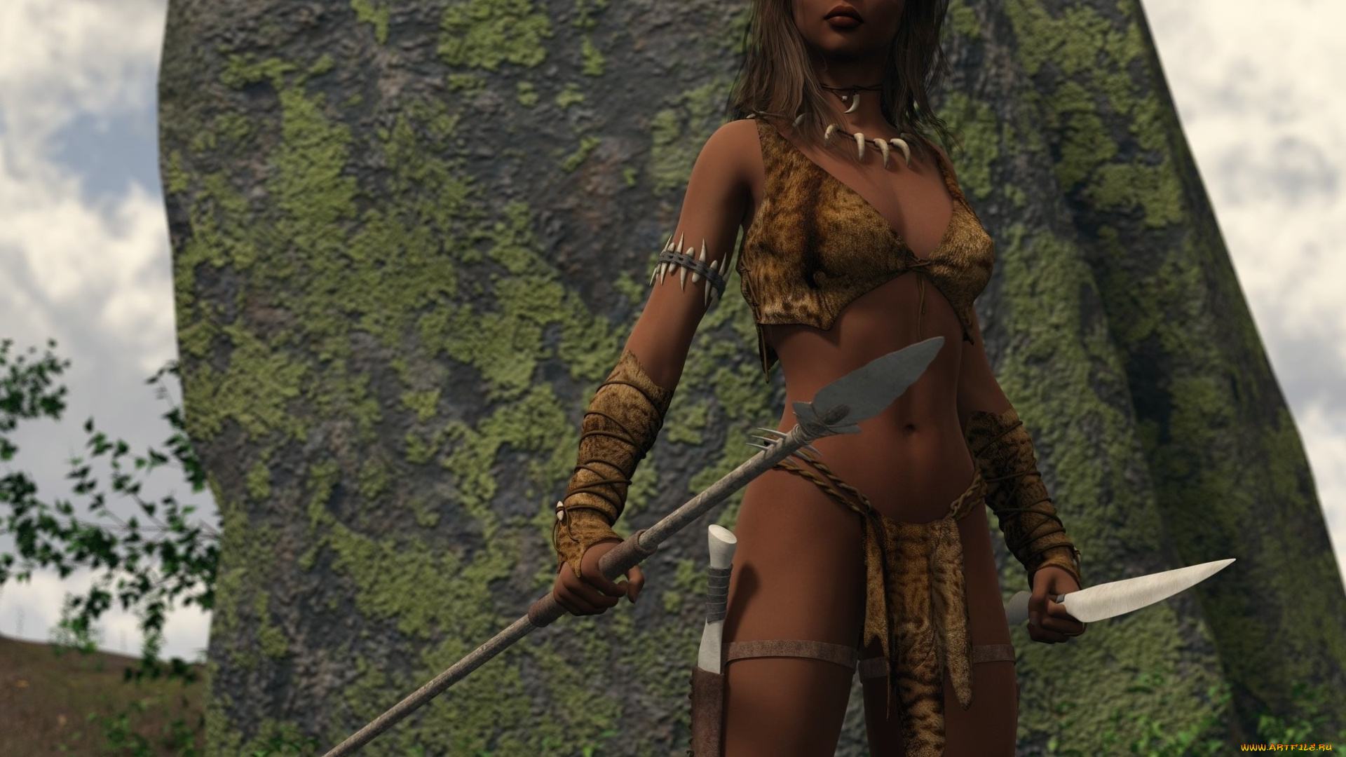 3д, графика, амазонки, , amazon, девушка, взгляд, фон, копье