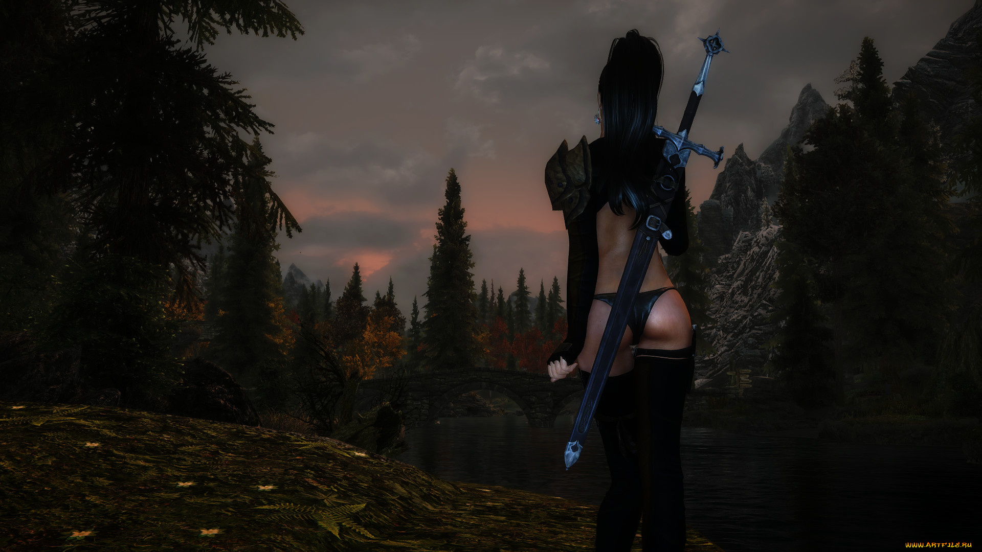 3д, графика, амазонки, , amazon, река, мост, лес, оружие, фон, взгляд, девушка