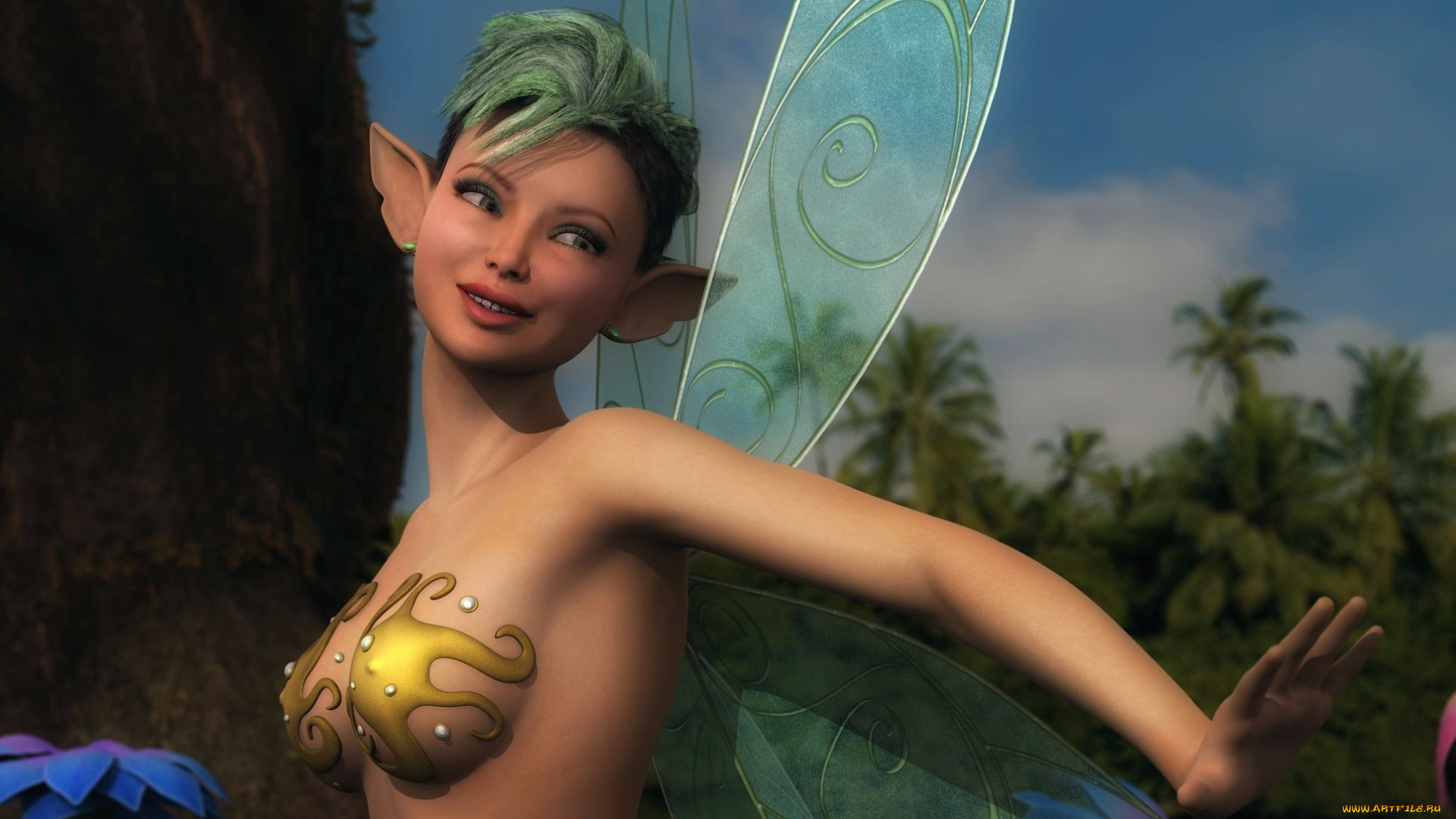 3д, графика, эльфы, , elves, улыбка, фон, взгляд, фея