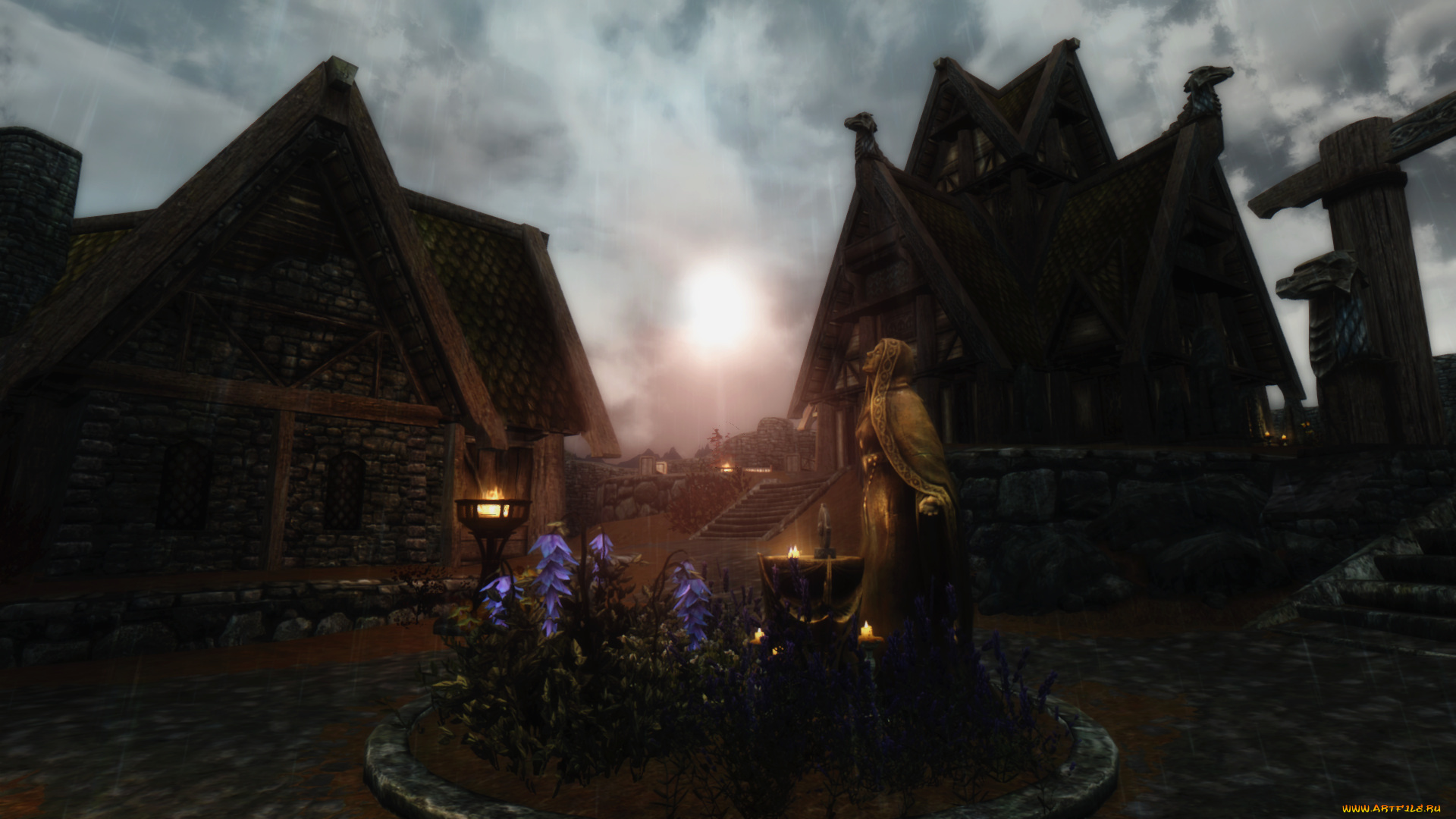 3д, графика, фантазия, , fantasy, дома, свечи, клумба, цветы