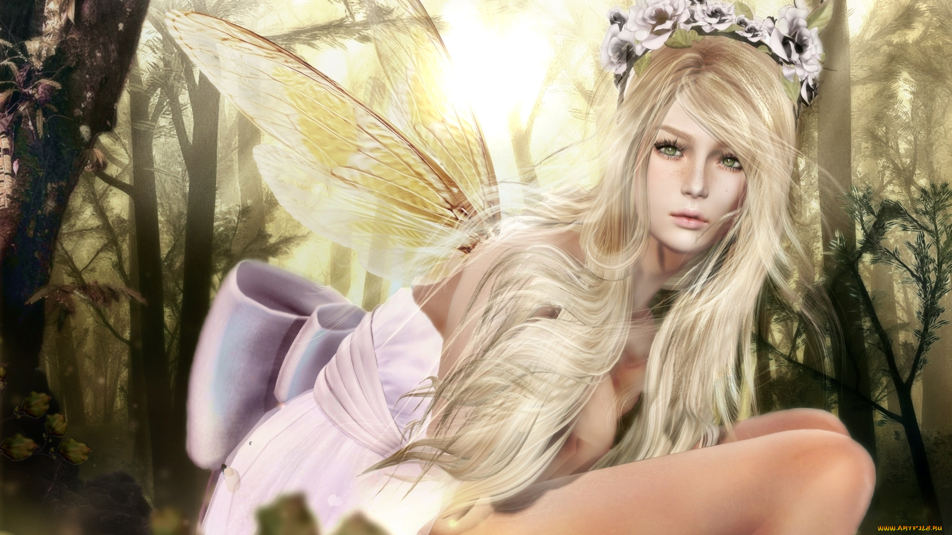 3д, графика, фантазия, , fantasy, фея, крылья, девушка, венок