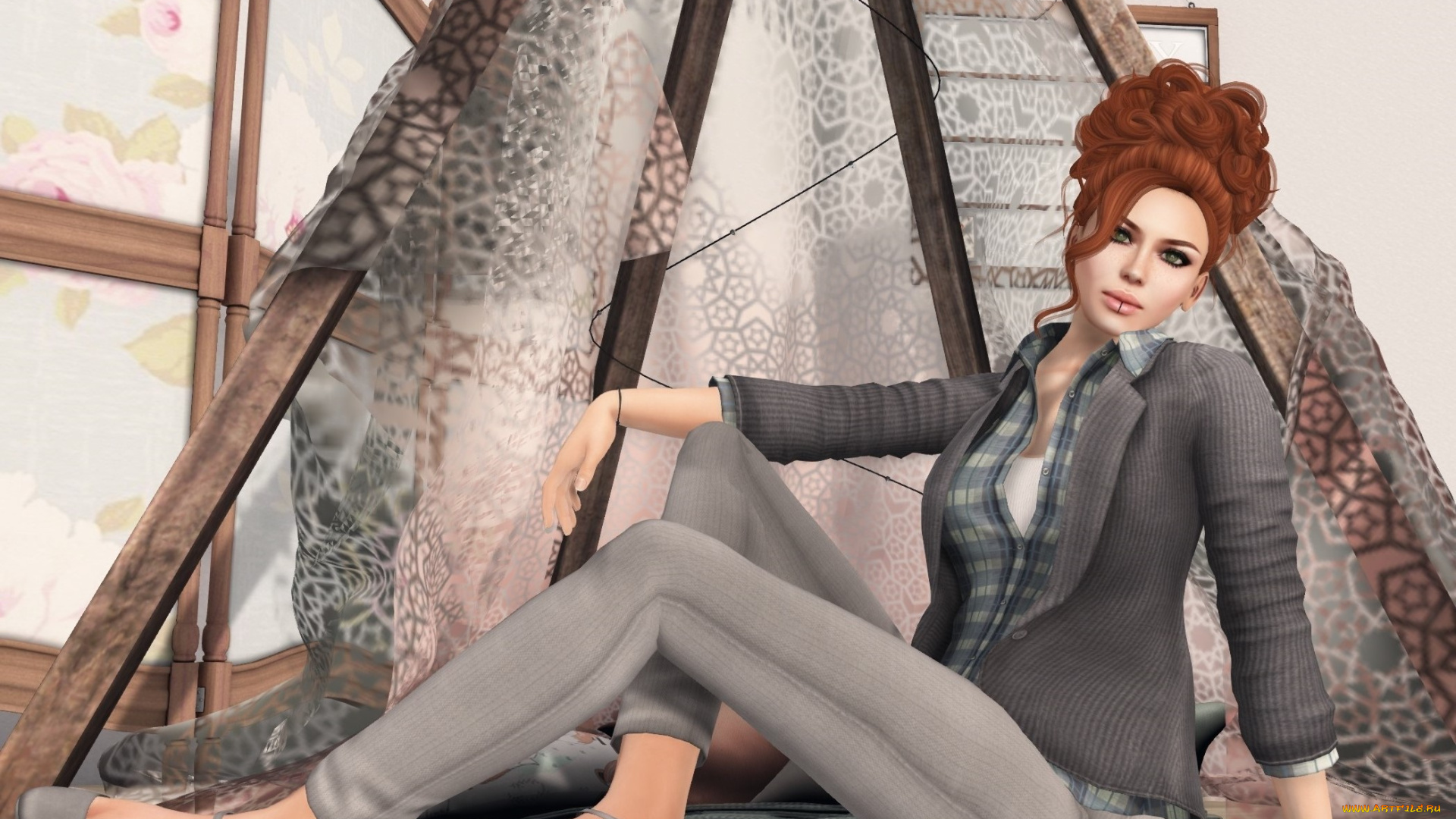 3д, графика, люди, , people, рыжая, фон, взгляд, девушка