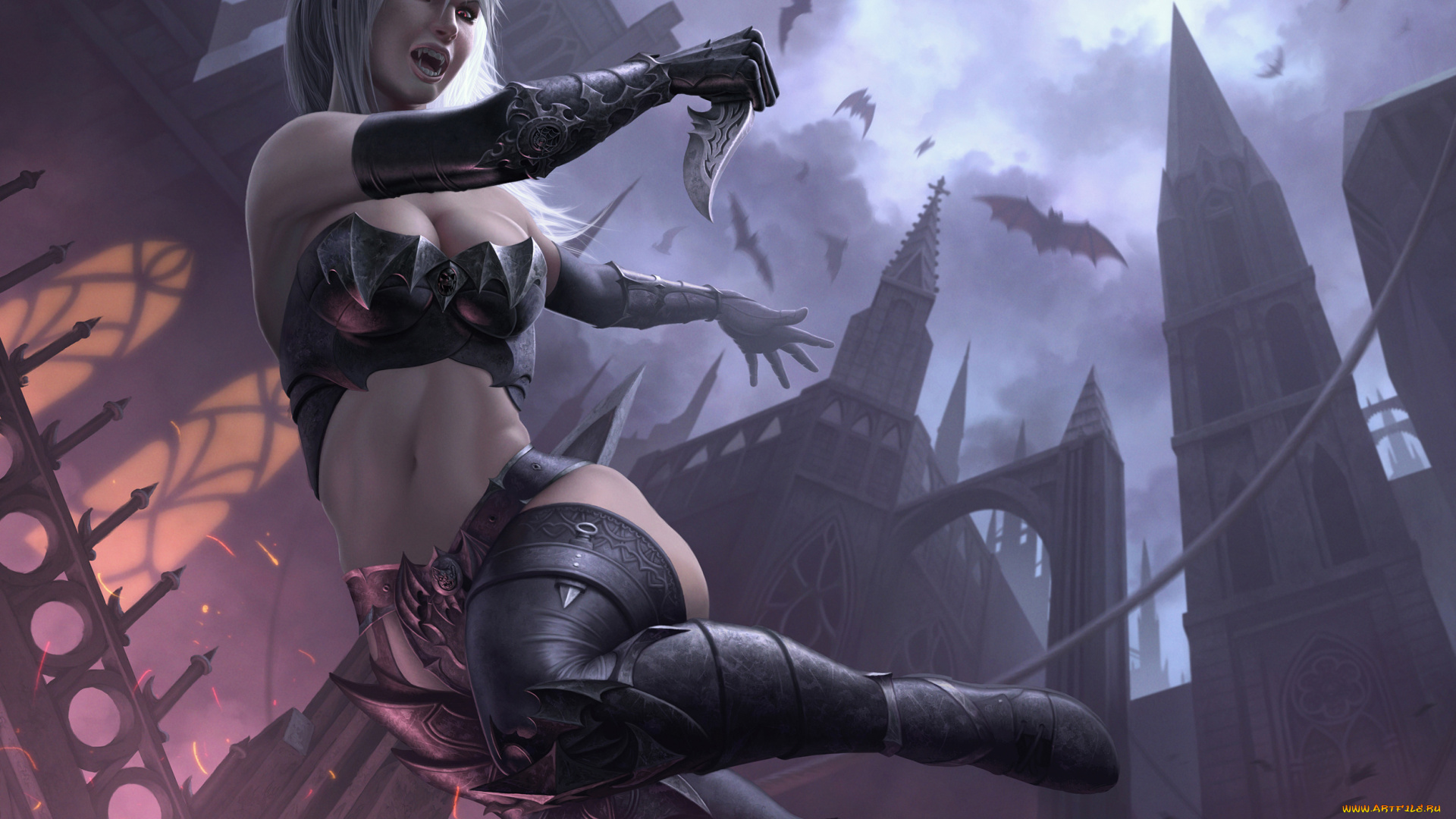 фэнтези, вампиры, девушка, вампир, ночь, летучие, мыши, фантастика, нож, башни, лезвие, церковь, assassin