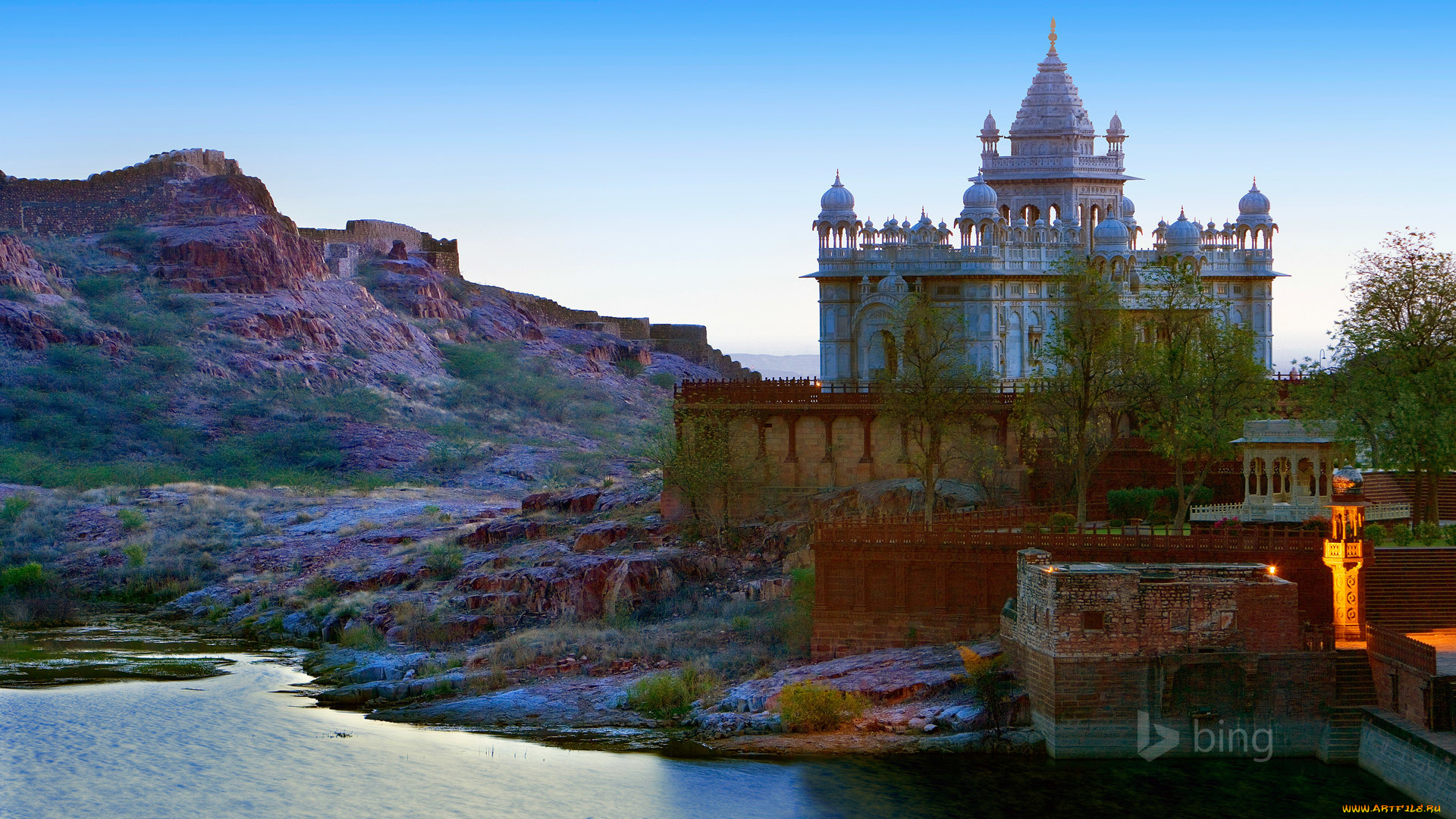 города, -, дворцы, , замки, , крепости, джасвант, тада, джодхпур, индия, дворец, небо, горы, озеро