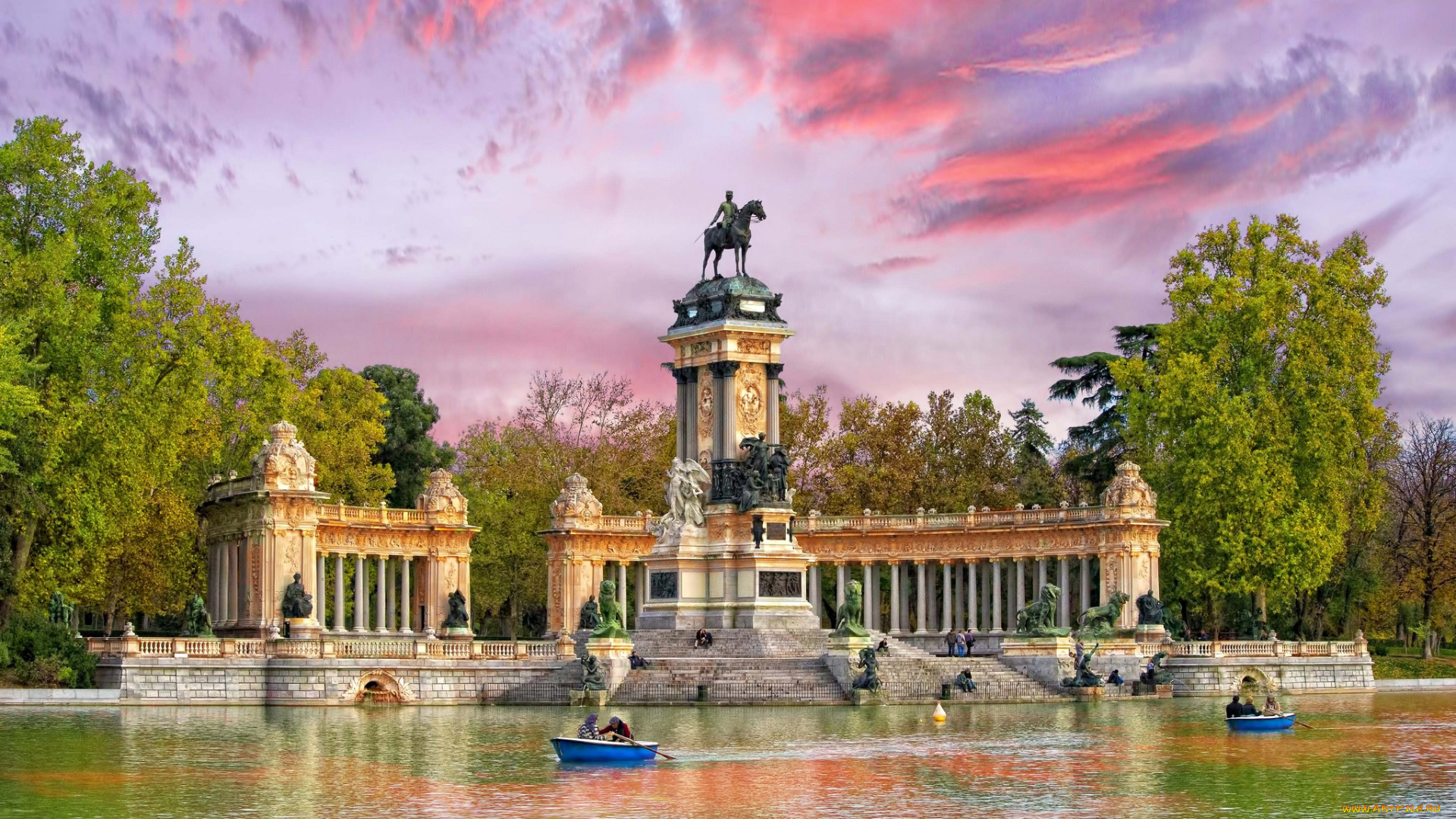 города, мадрид, , испания, мадрид, буэн-ретиро, ретиро, парк, памятник, деревья, вода, лодка