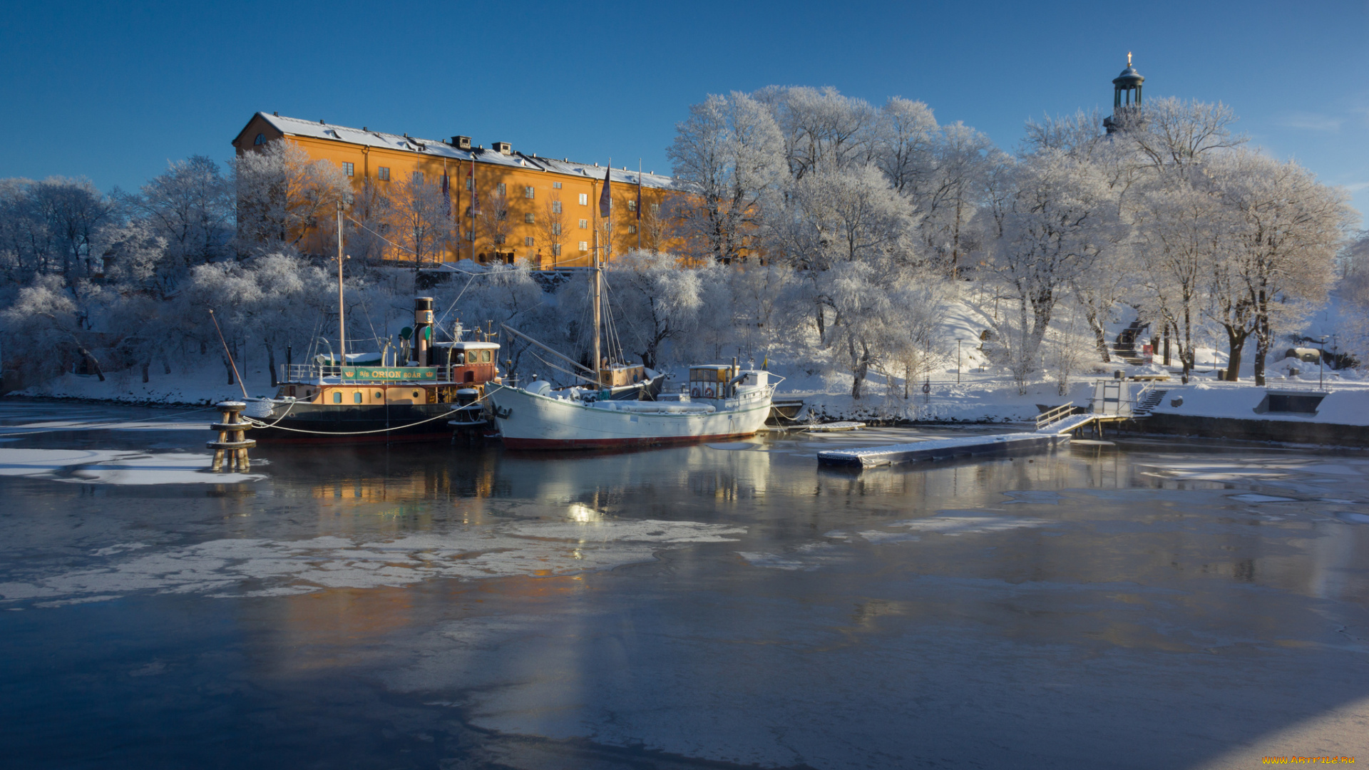 корабли, порты, , , причалы, зима, снег, дом, корабль, вода