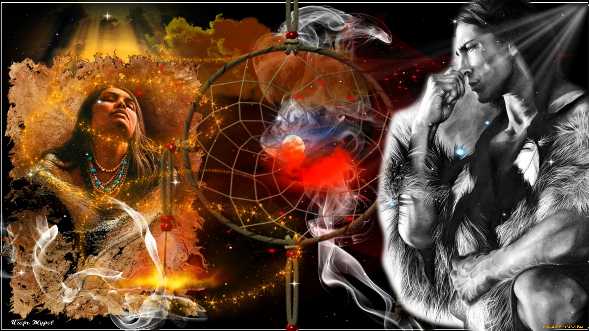 разное, компьютерный, дизайн, огни, индейцы, мех, перья, дым