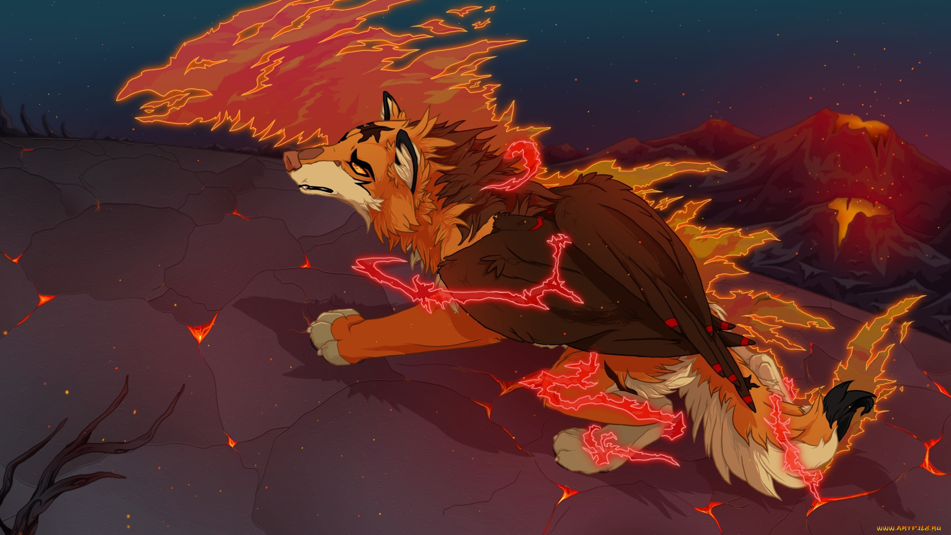 рисованное, животные, , сказочные, , мифические, волк, огонь, горы