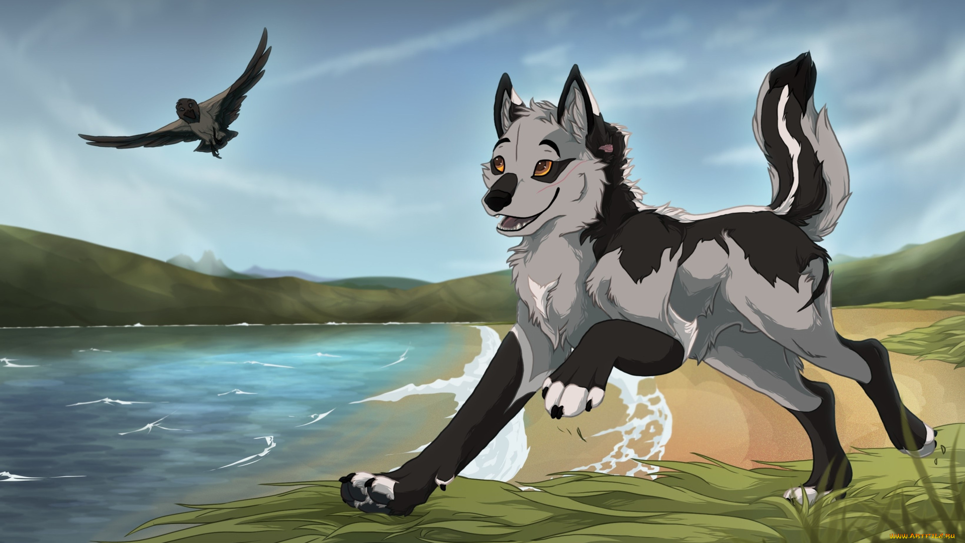 рисованное, животные, , собаки, природа, птица, река, собака