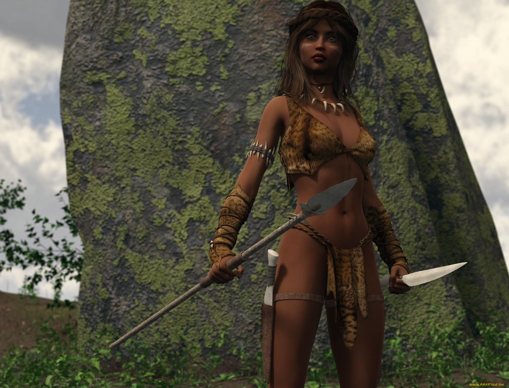 3д, графика, амазонки, , amazon, девушка, взгляд, фон, копье