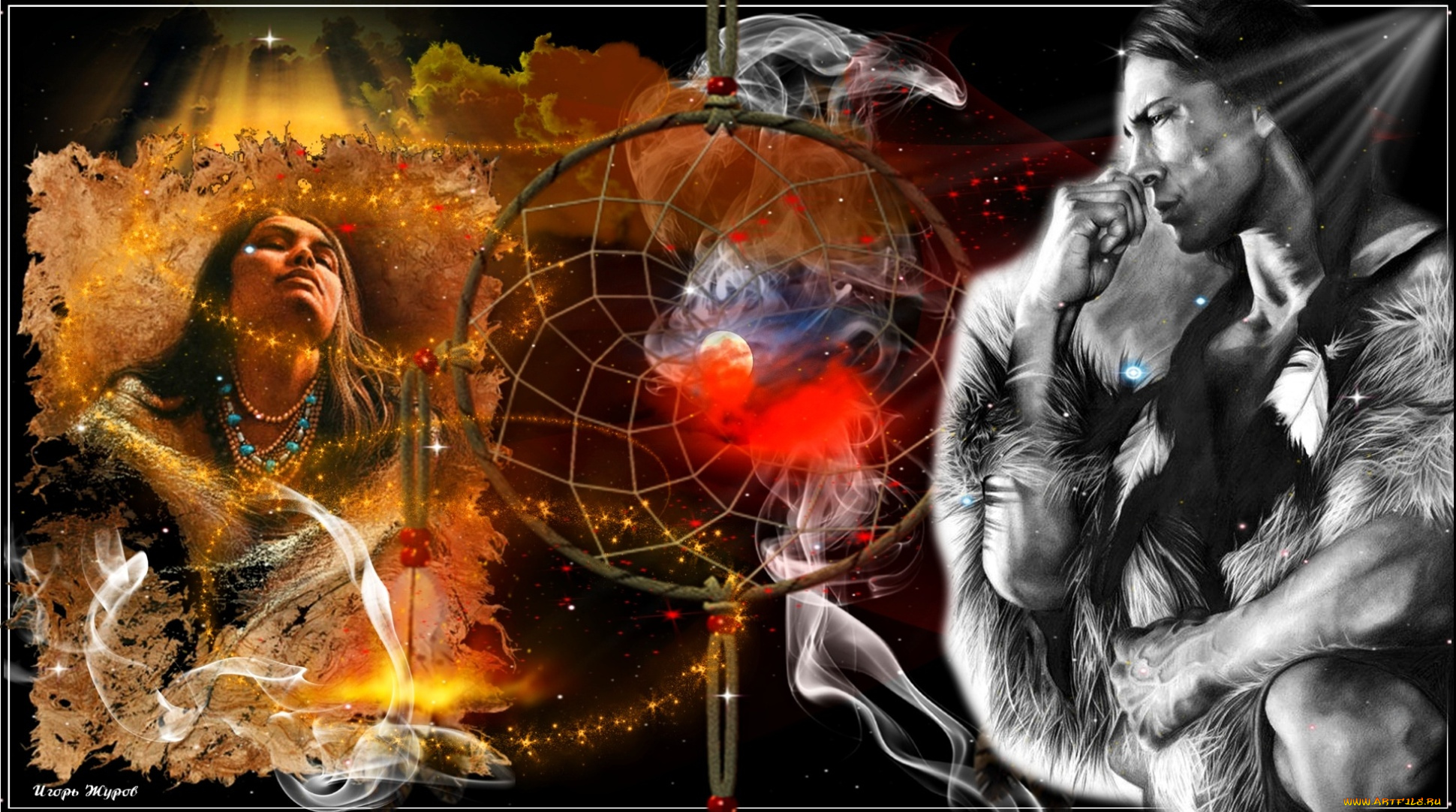 разное, компьютерный, дизайн, огни, индейцы, мех, перья, дым