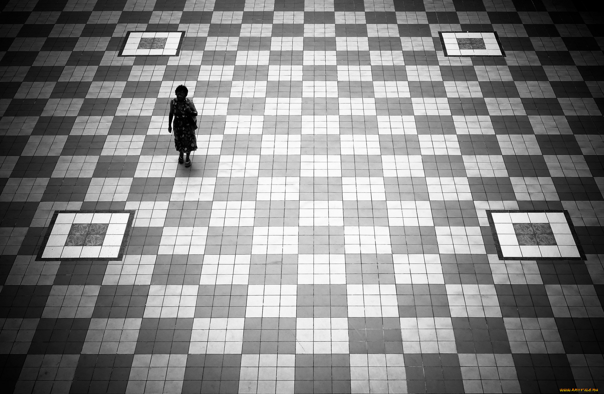 разное, текстуры, квадраты, силуэт, женщина, плитка, пол, чёрно-белые